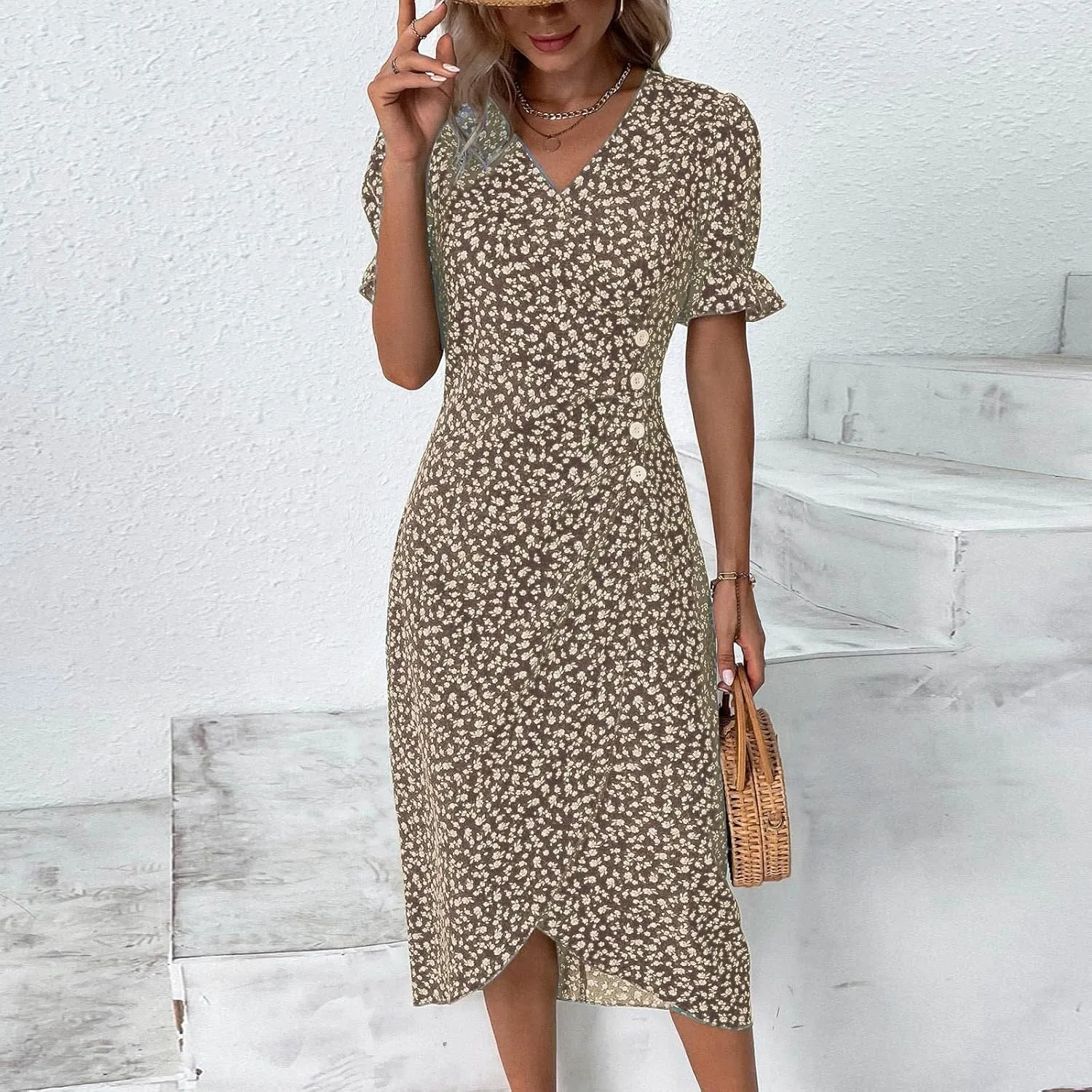 Beach Dresses for Women,2024 Summer Elegant Trendy V Neck Boho Floral Dress,Romantic Flowy Ruched Hawaiian Maxi Dress