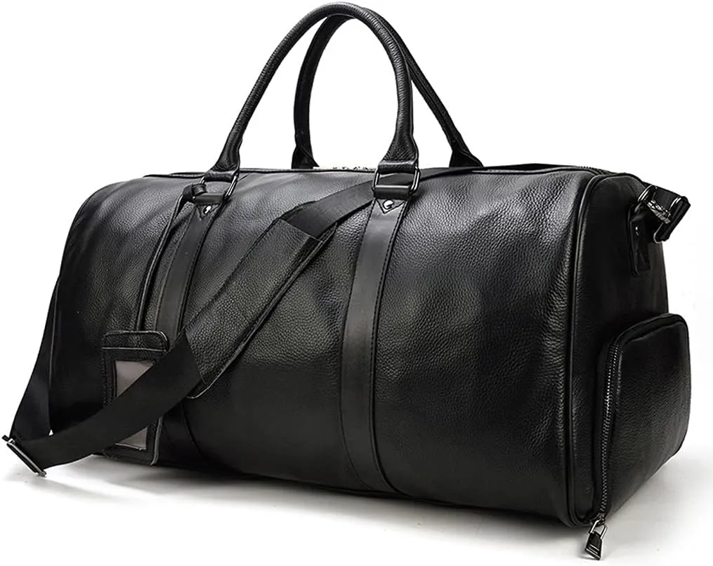 Big Capacity Leather Travel Bag for Men Women Soft Black Casual Travel Duffel Large Luggage Weekend Shoulder Bag