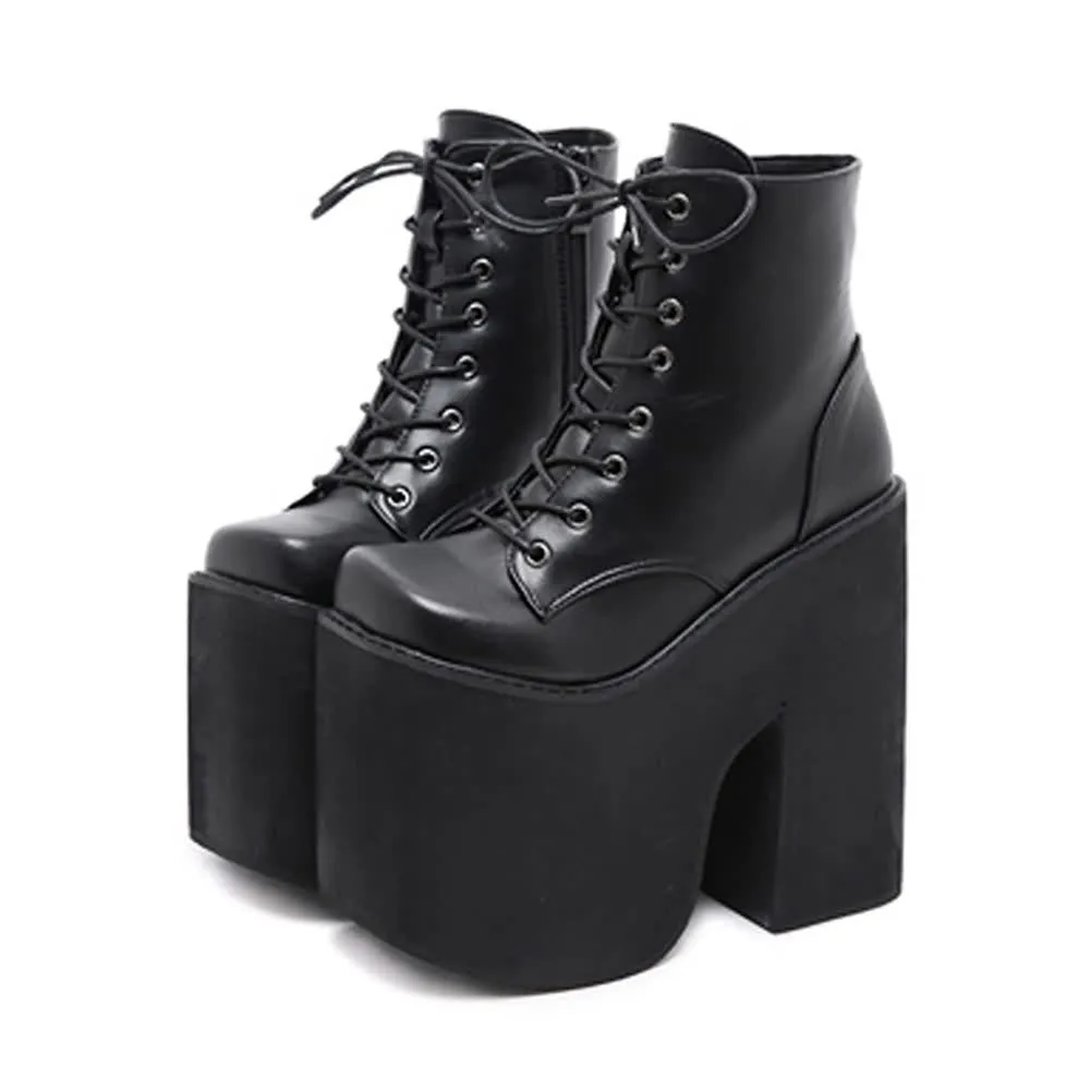 Black Gothic Punk Lace Up Chunky Platform Ankle Boots