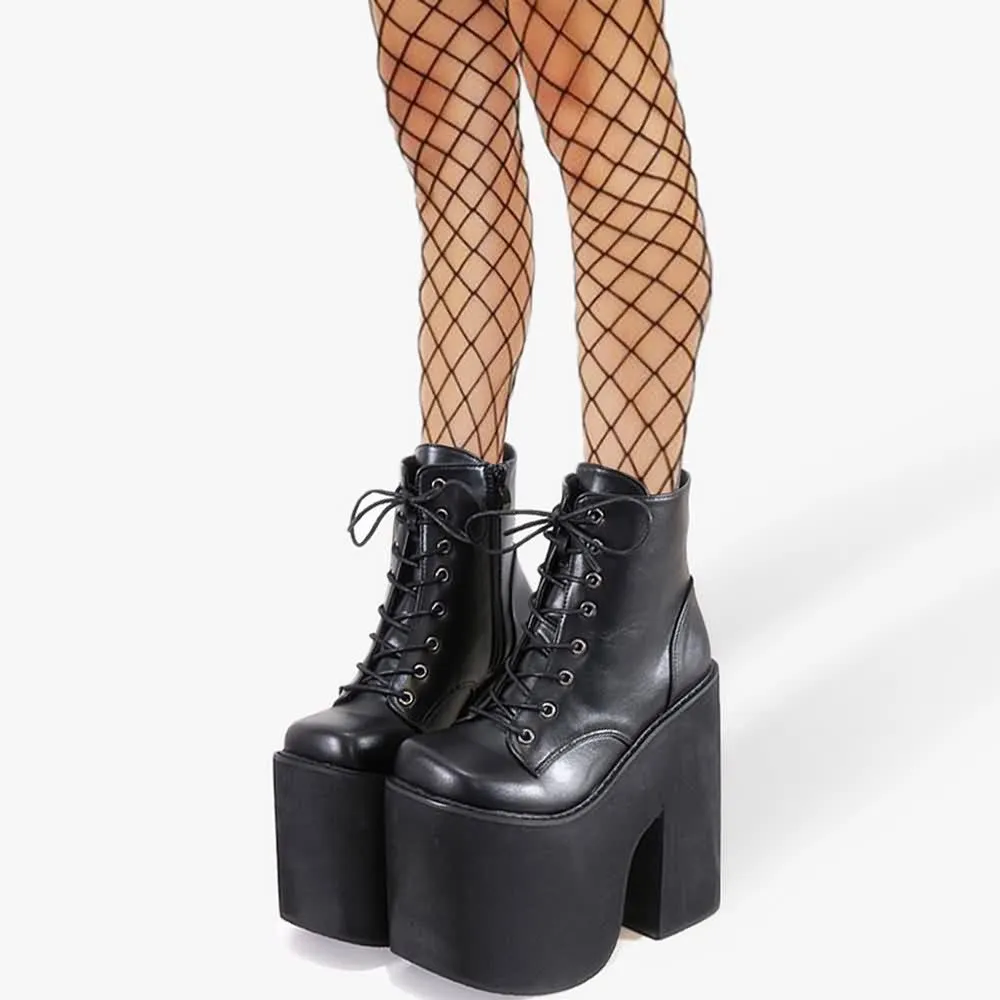 Black Gothic Punk Lace Up Chunky Platform Ankle Boots
