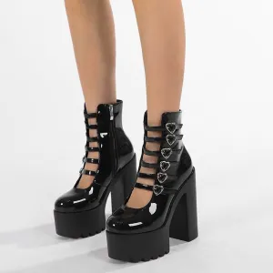 Black Gothic Punk Patent Leather Heart Buckles Platform Boots