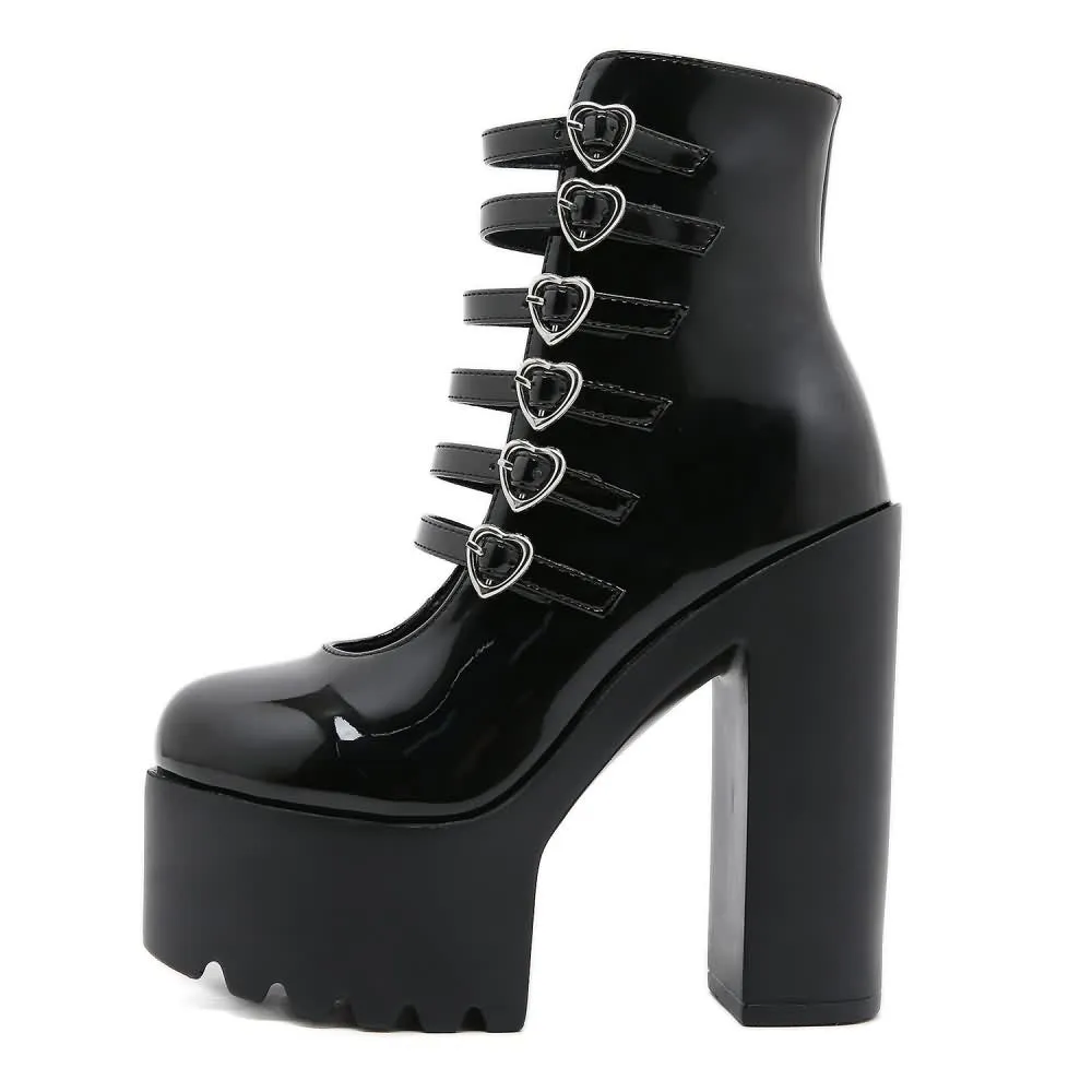 Black Gothic Punk Patent Leather Heart Buckles Platform Boots