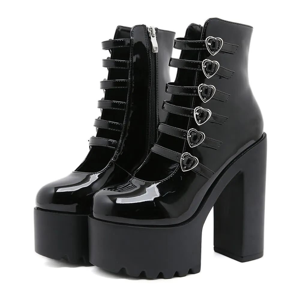 Black Gothic Punk Patent Leather Heart Buckles Platform Boots