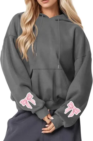 Black Hoodie Women Oversized Relaxed Pink Bow Sleeve Casual Fleece Pullover Hooded Sweatshirt Streetwear Essential