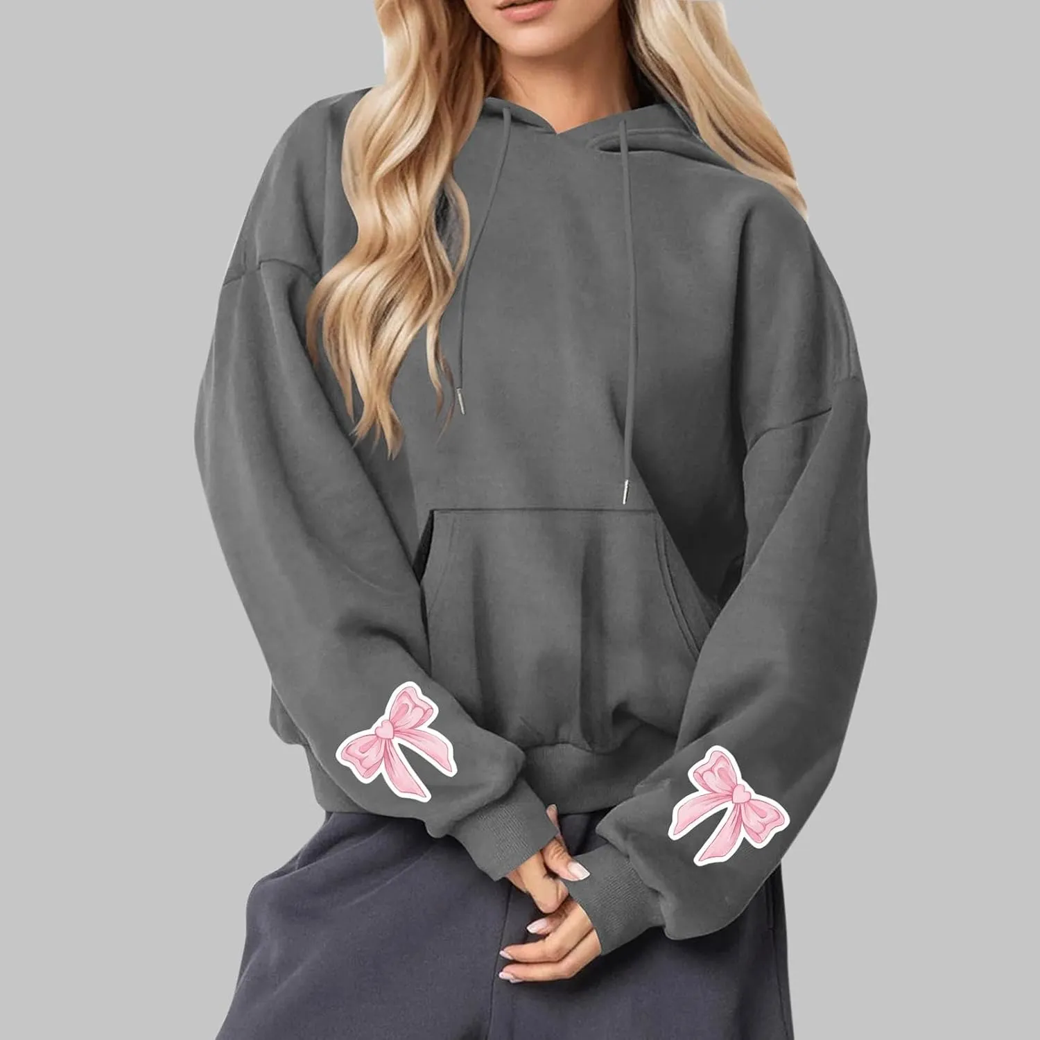 Black Hoodie Women Oversized Relaxed Pink Bow Sleeve Casual Fleece Pullover Hooded Sweatshirt Streetwear Essential