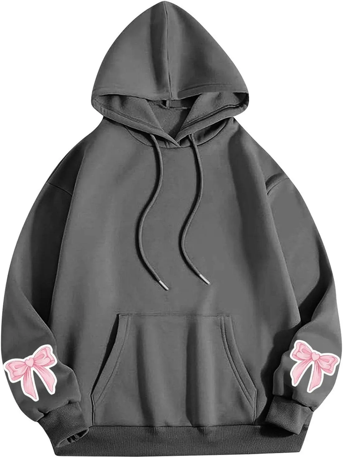 Black Hoodie Women Oversized Relaxed Pink Bow Sleeve Casual Fleece Pullover Hooded Sweatshirt Streetwear Essential