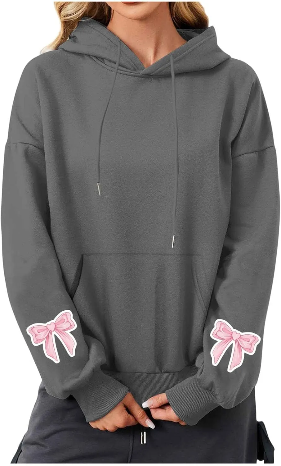 Black Hoodie Women Oversized Relaxed Pink Bow Sleeve Casual Fleece Pullover Hooded Sweatshirt Streetwear Essential