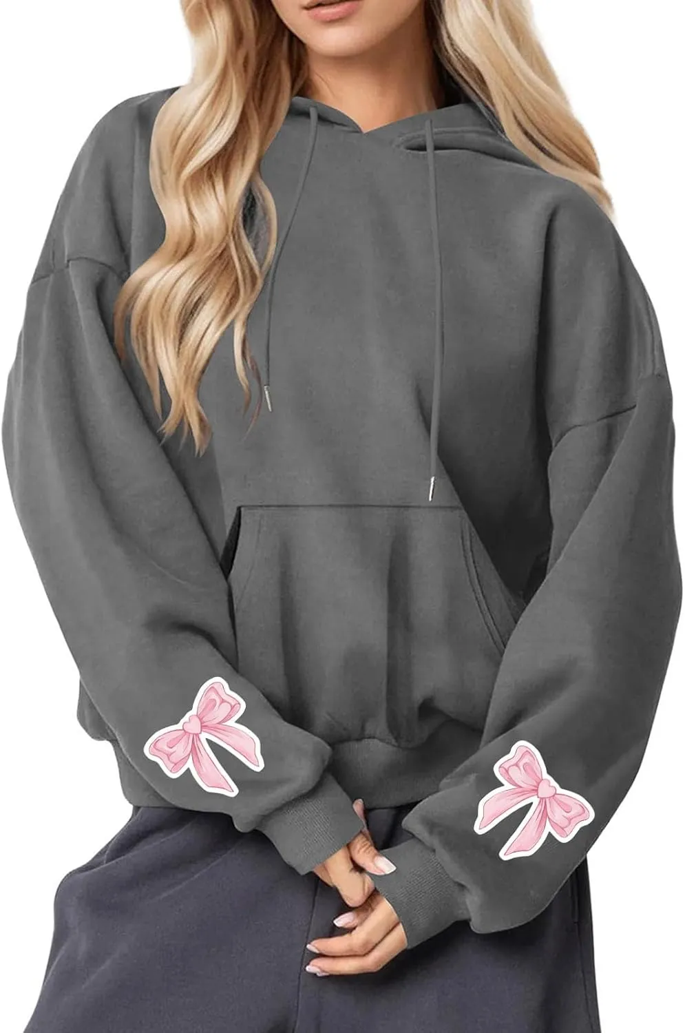 Black Hoodie Women Oversized Relaxed Pink Bow Sleeve Casual Fleece Pullover Hooded Sweatshirt Streetwear Essential
