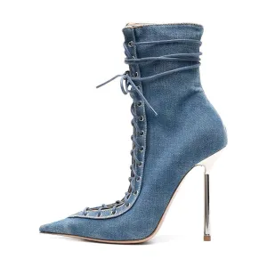 ‘Blanc’ Fashion House Sharp Toe Denim Boot Heel