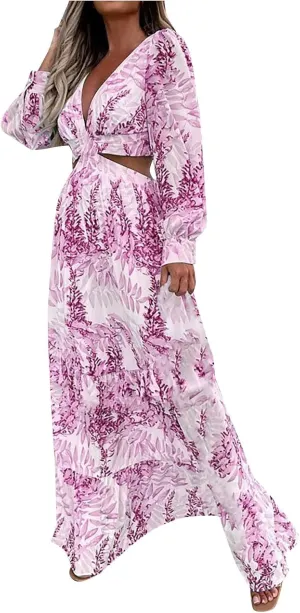 Boho Dresses for Women 2025 Summer Floral V-Neck Sleeves Puff Sleeve Maxi Dresses Flowy Beach Vacation Hawaiian Dress