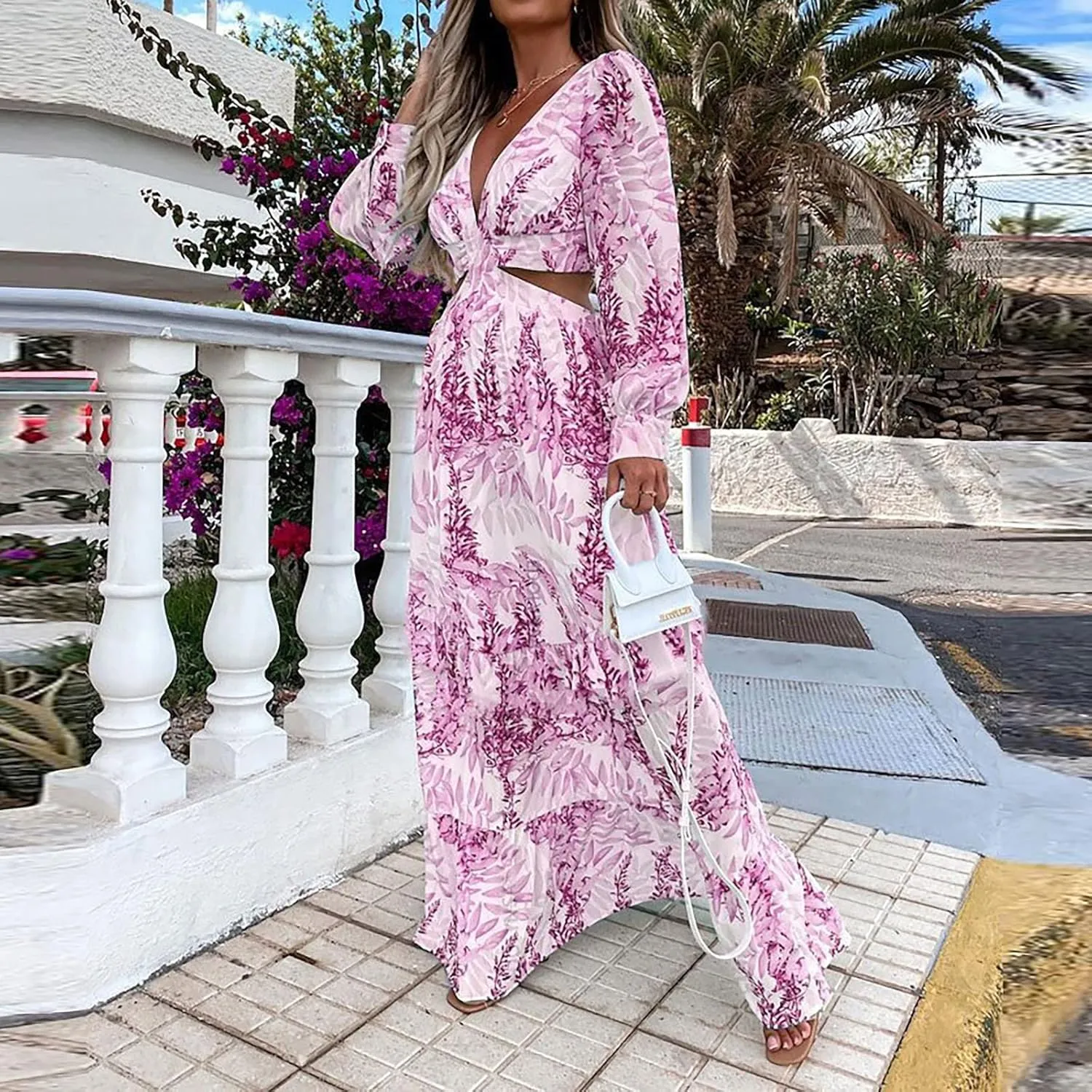 Boho Dresses for Women 2025 Summer Floral V-Neck Sleeves Puff Sleeve Maxi Dresses Flowy Beach Vacation Hawaiian Dress
