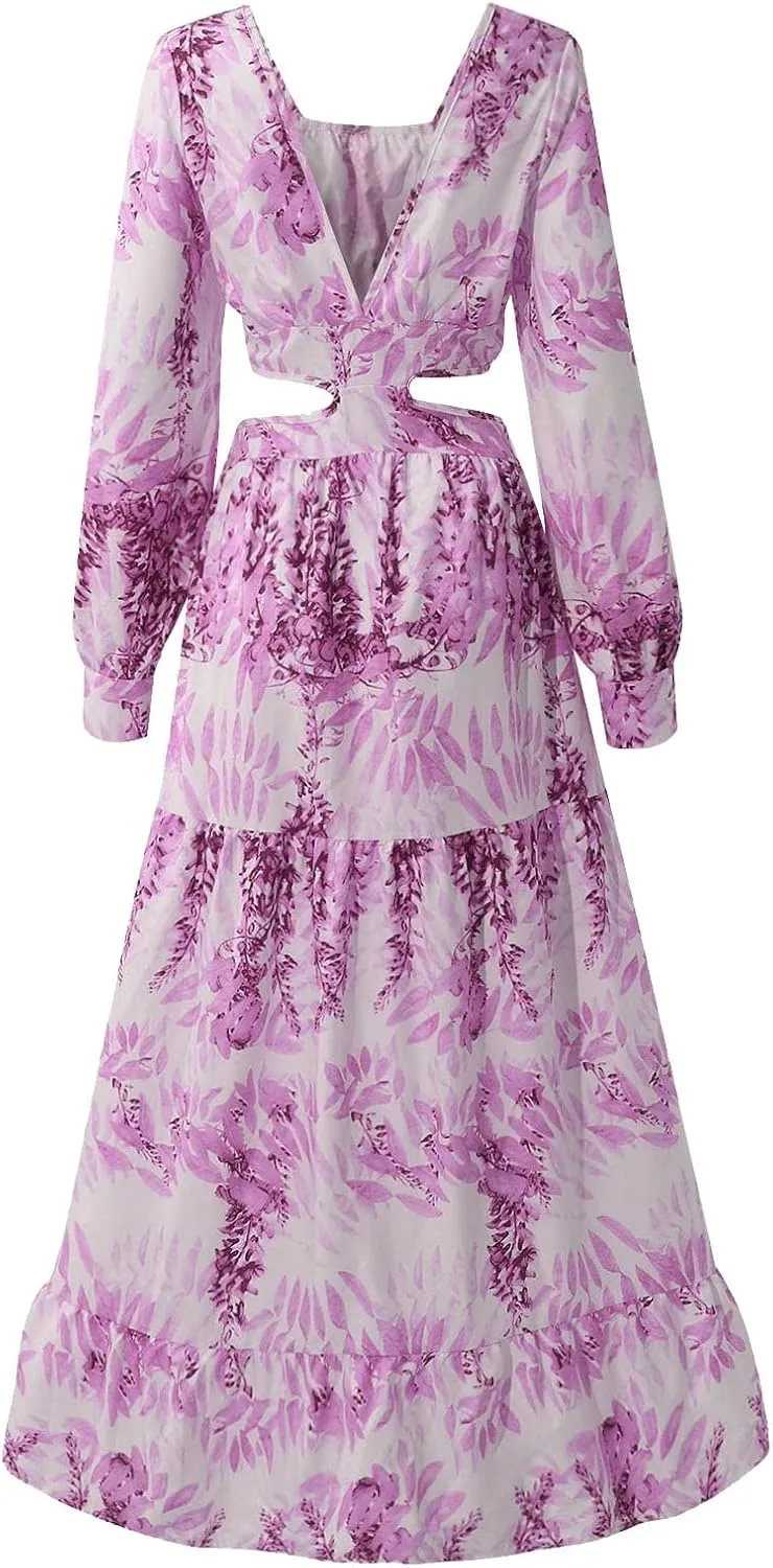 Boho Dresses for Women 2025 Summer Floral V-Neck Sleeves Puff Sleeve Maxi Dresses Flowy Beach Vacation Hawaiian Dress