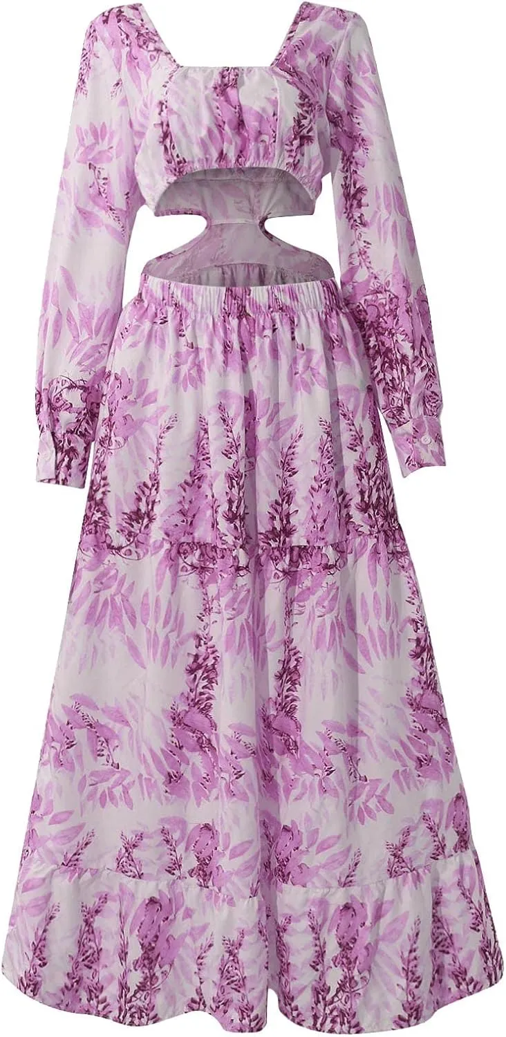 Boho Dresses for Women 2025 Summer Floral V-Neck Sleeves Puff Sleeve Maxi Dresses Flowy Beach Vacation Hawaiian Dress