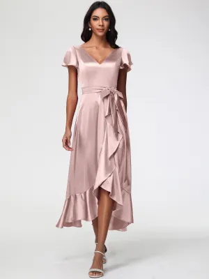 Bridesmaid Dresses Dusty Rose Tea-Length Short Sleeves Ruffles A-Line Stretch Satin Bridesmaid Dresses