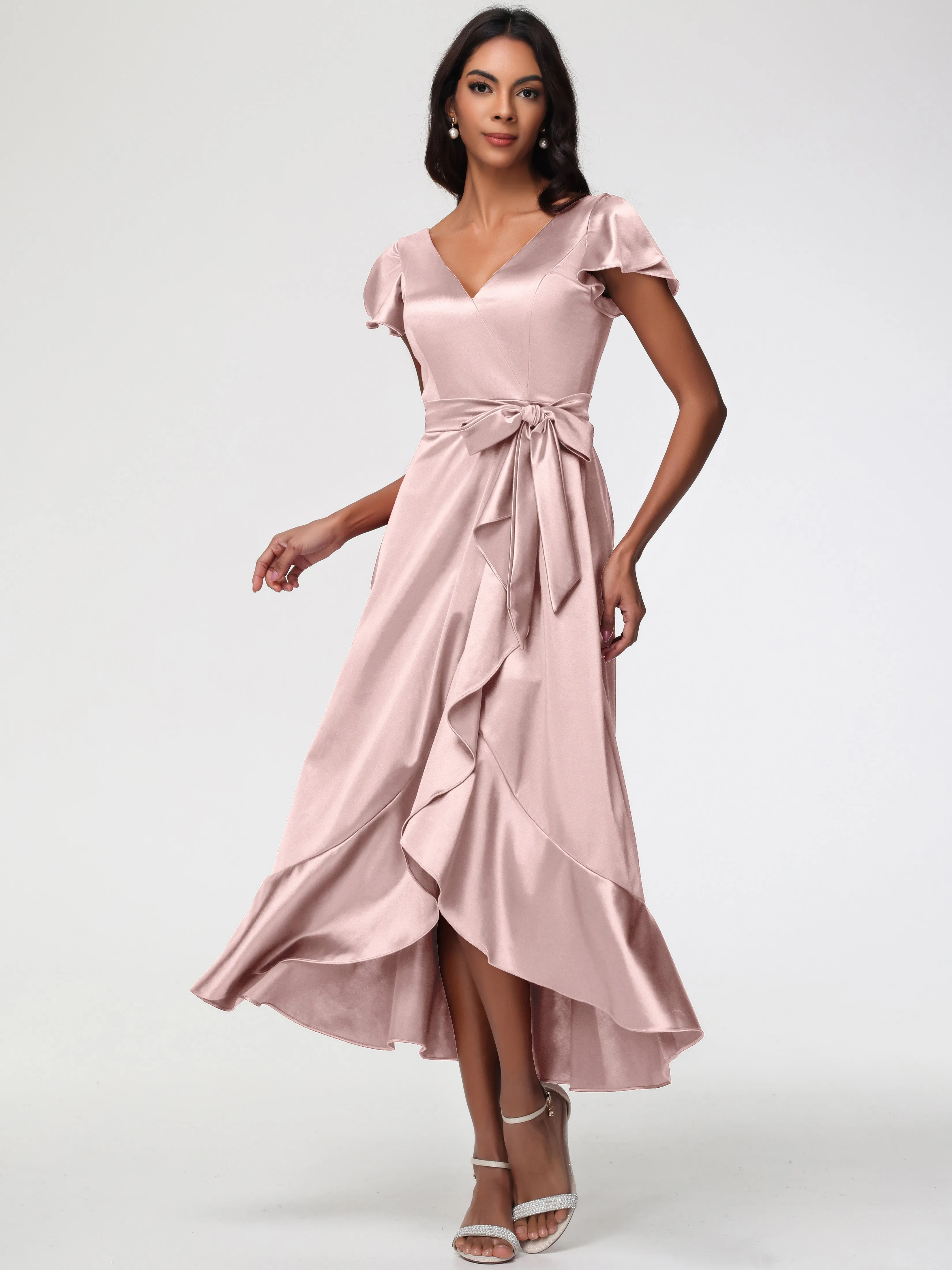 Bridesmaid Dresses Dusty Rose Tea-Length Short Sleeves Ruffles A-Line Stretch Satin Bridesmaid Dresses