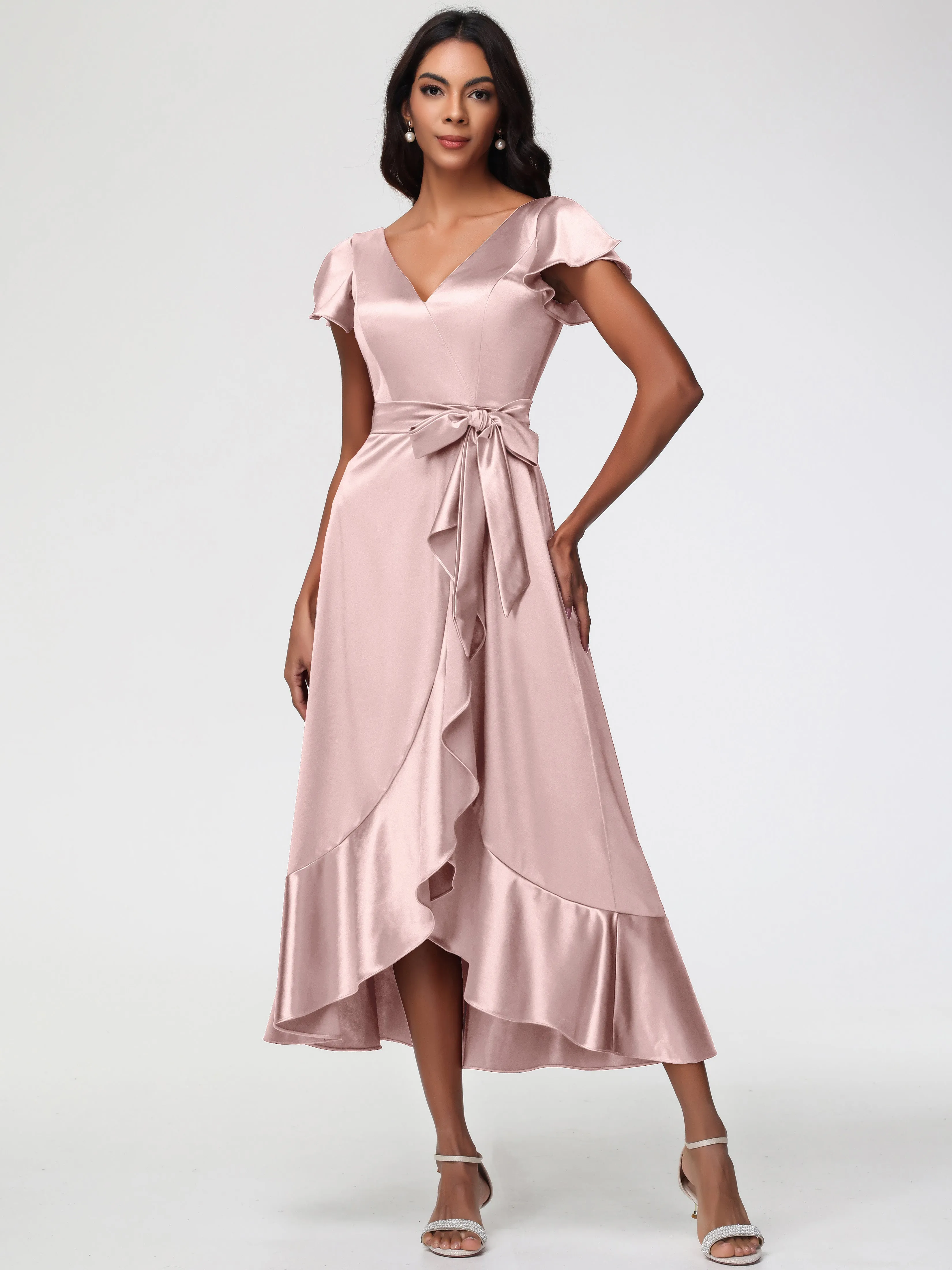 Bridesmaid Dresses Dusty Rose Tea-Length Short Sleeves Ruffles A-Line Stretch Satin Bridesmaid Dresses