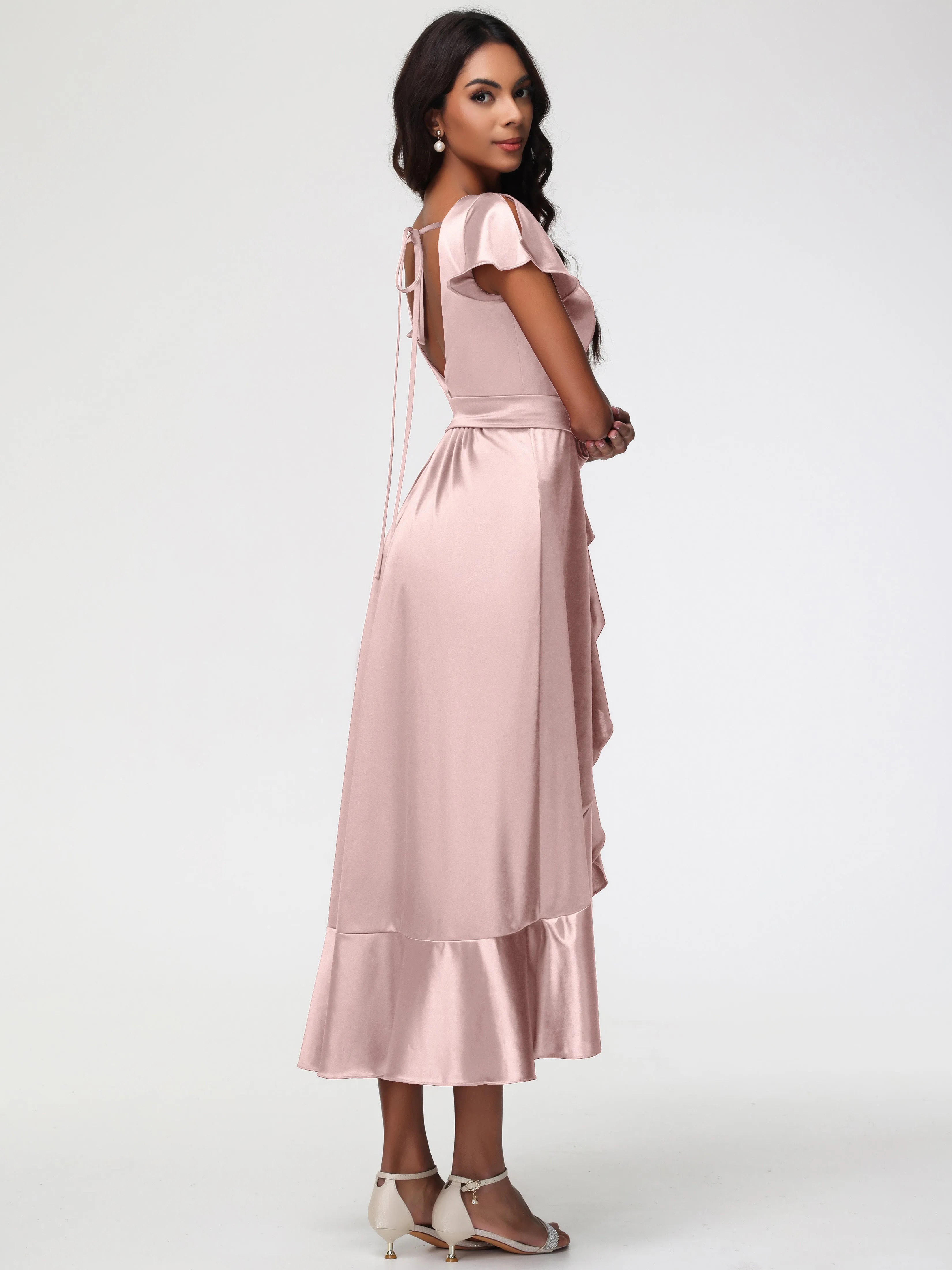 Bridesmaid Dresses Dusty Rose Tea-Length Short Sleeves Ruffles A-Line Stretch Satin Bridesmaid Dresses