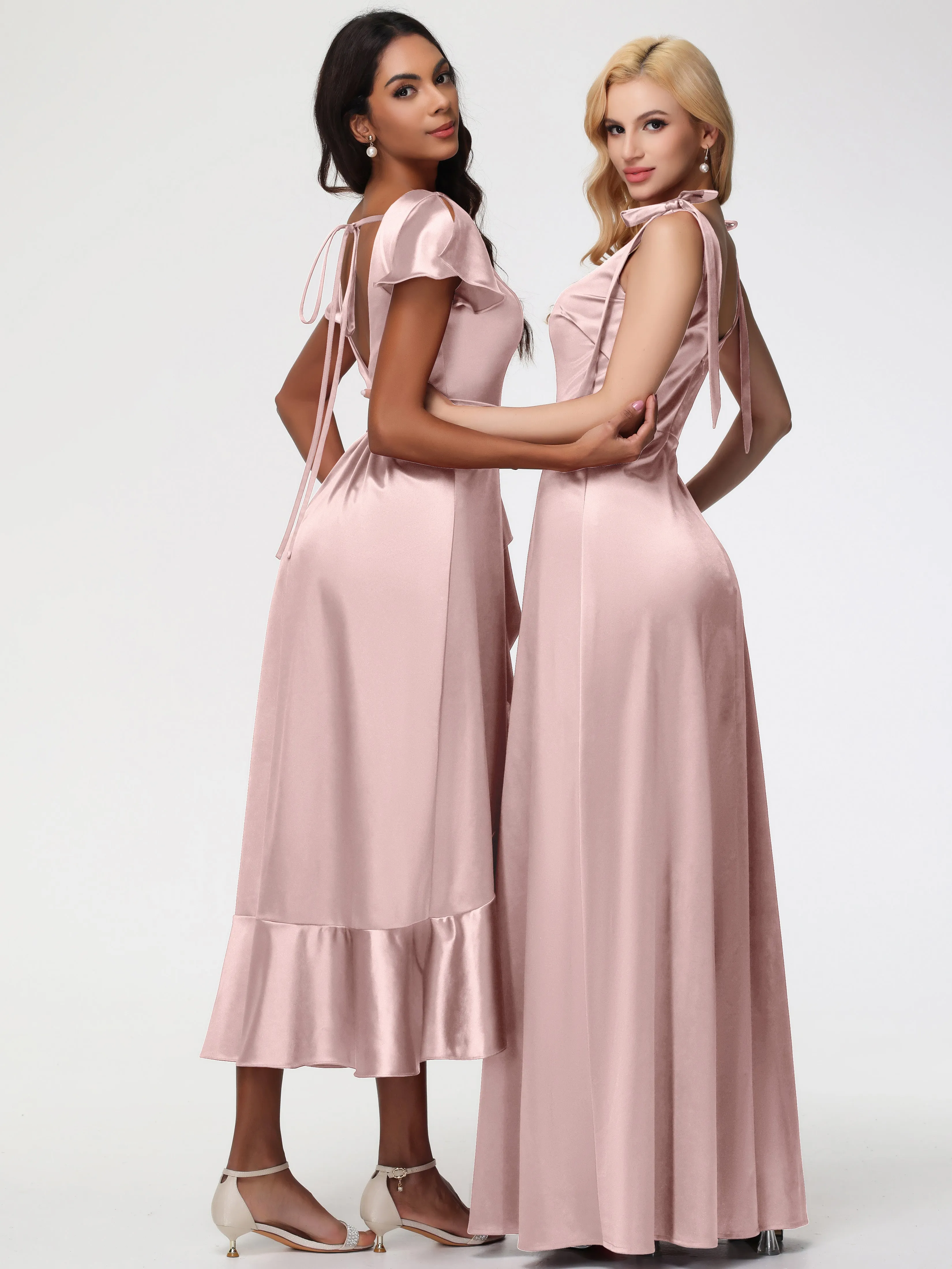Bridesmaid Dresses Dusty Rose Tea-Length Short Sleeves Ruffles A-Line Stretch Satin Bridesmaid Dresses