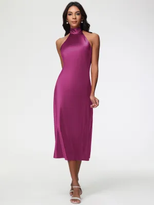 Bridesmaid Dresses Fuchsia Tea-Length High Neck Sleeveless Stretch Satin Bridesmaid Dresses