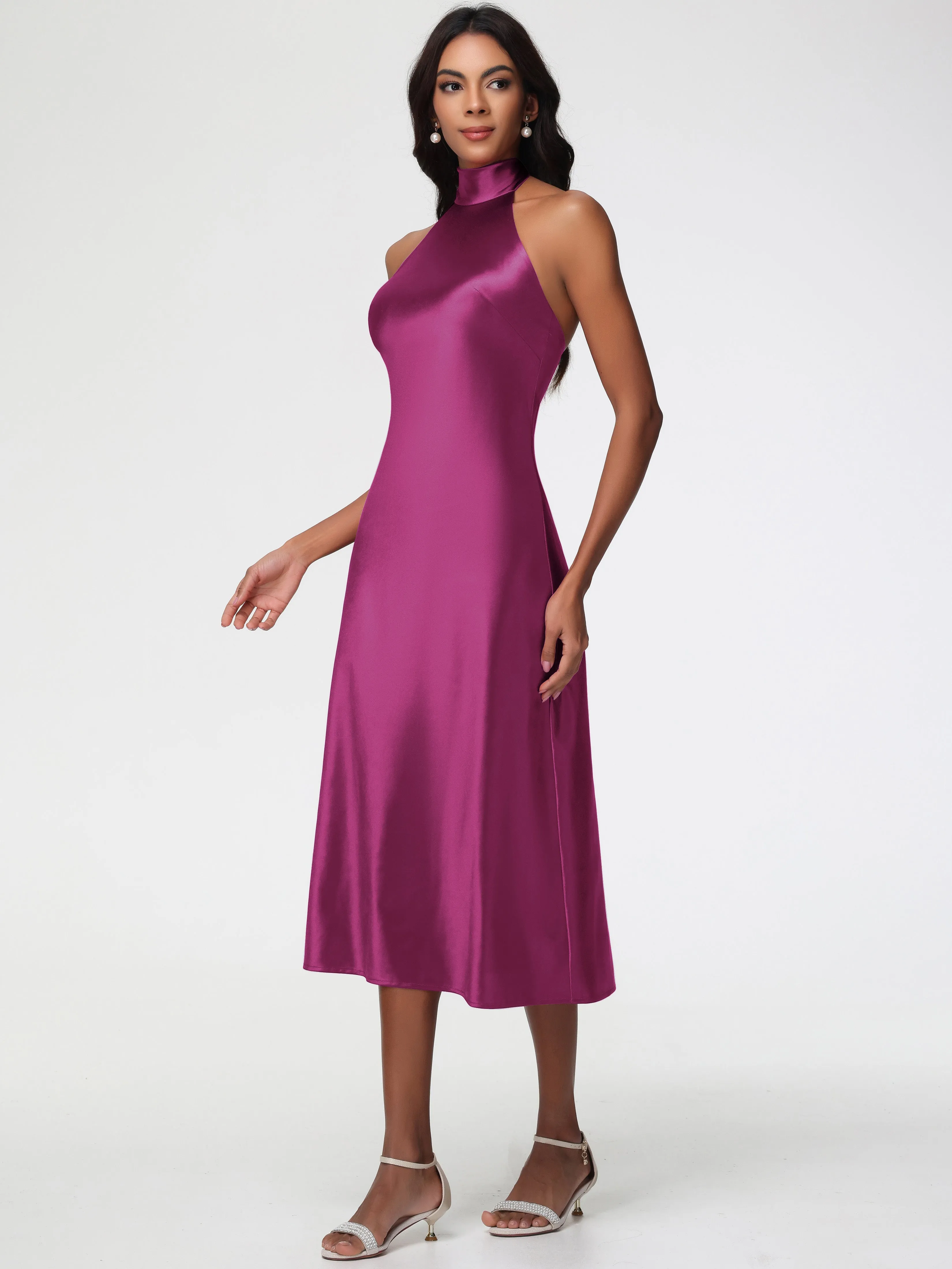 Bridesmaid Dresses Fuchsia Tea-Length High Neck Sleeveless Stretch Satin Bridesmaid Dresses