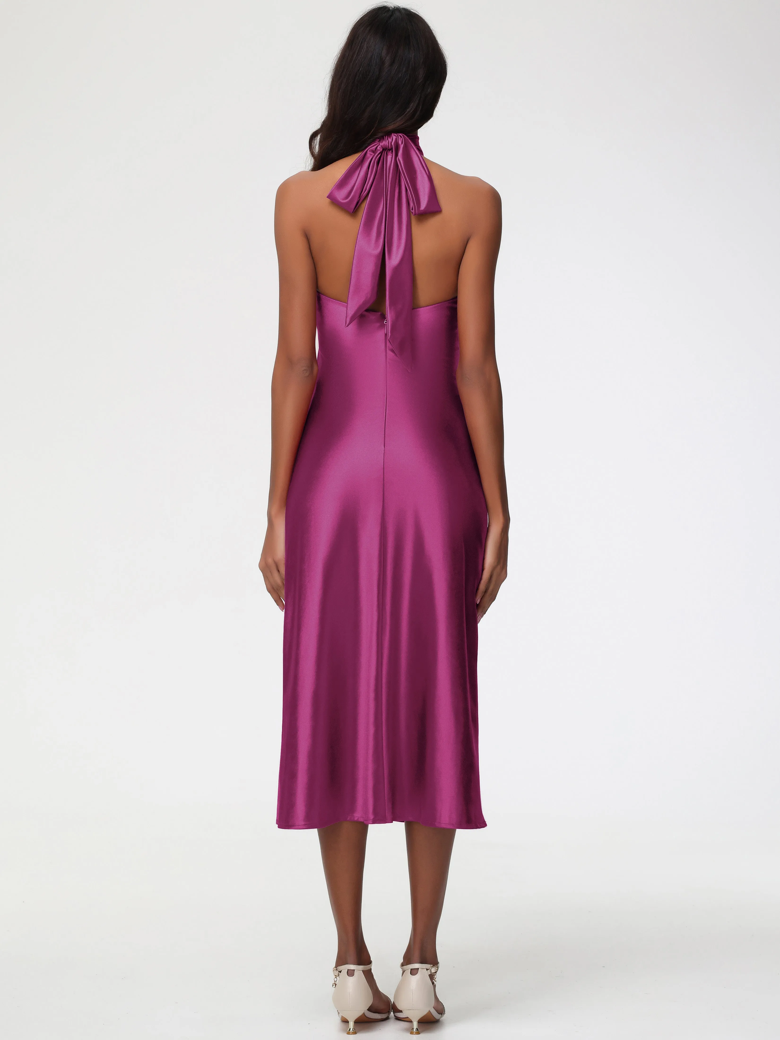 Bridesmaid Dresses Fuchsia Tea-Length High Neck Sleeveless Stretch Satin Bridesmaid Dresses