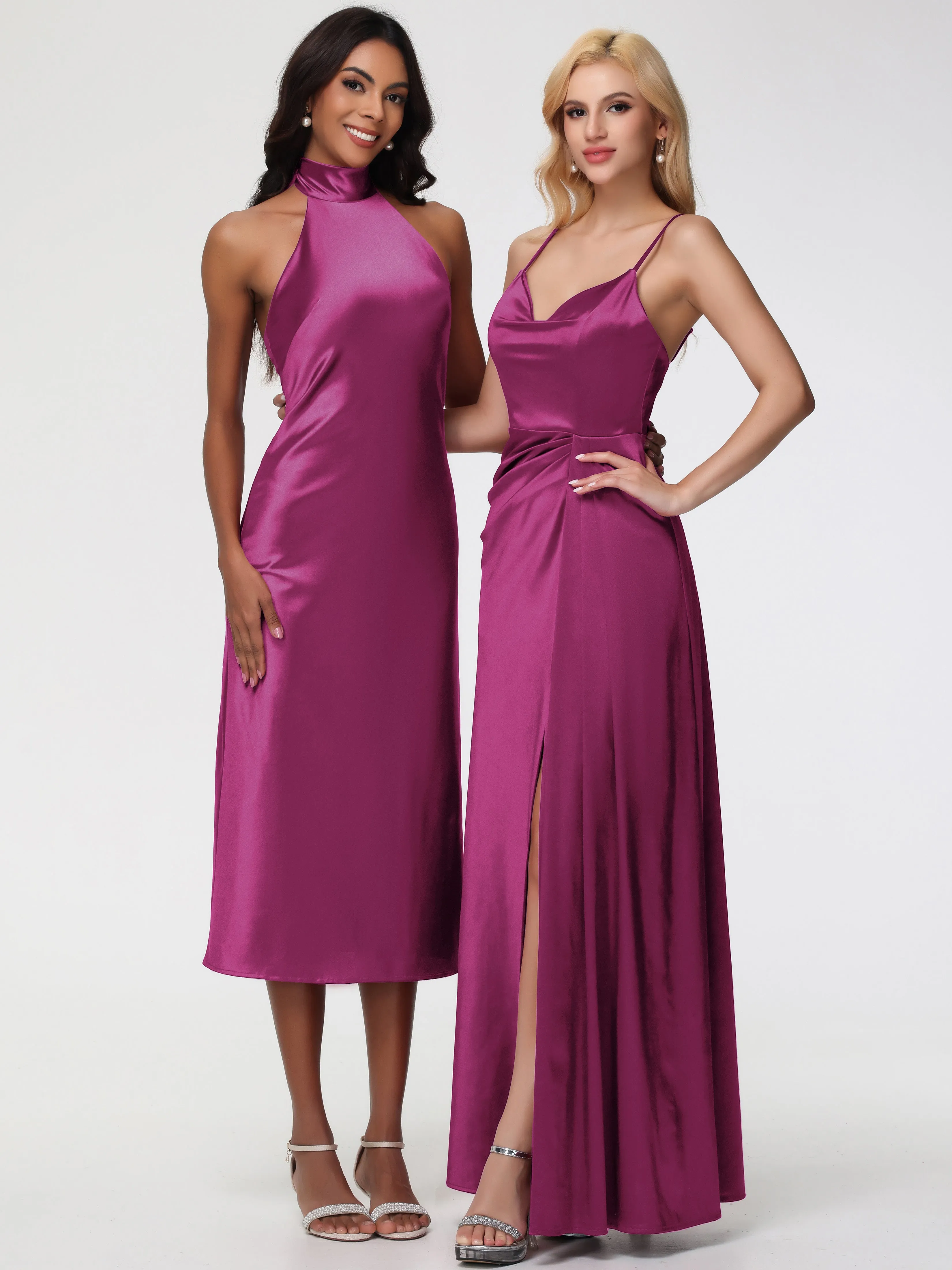 Bridesmaid Dresses Fuchsia Tea-Length High Neck Sleeveless Stretch Satin Bridesmaid Dresses
