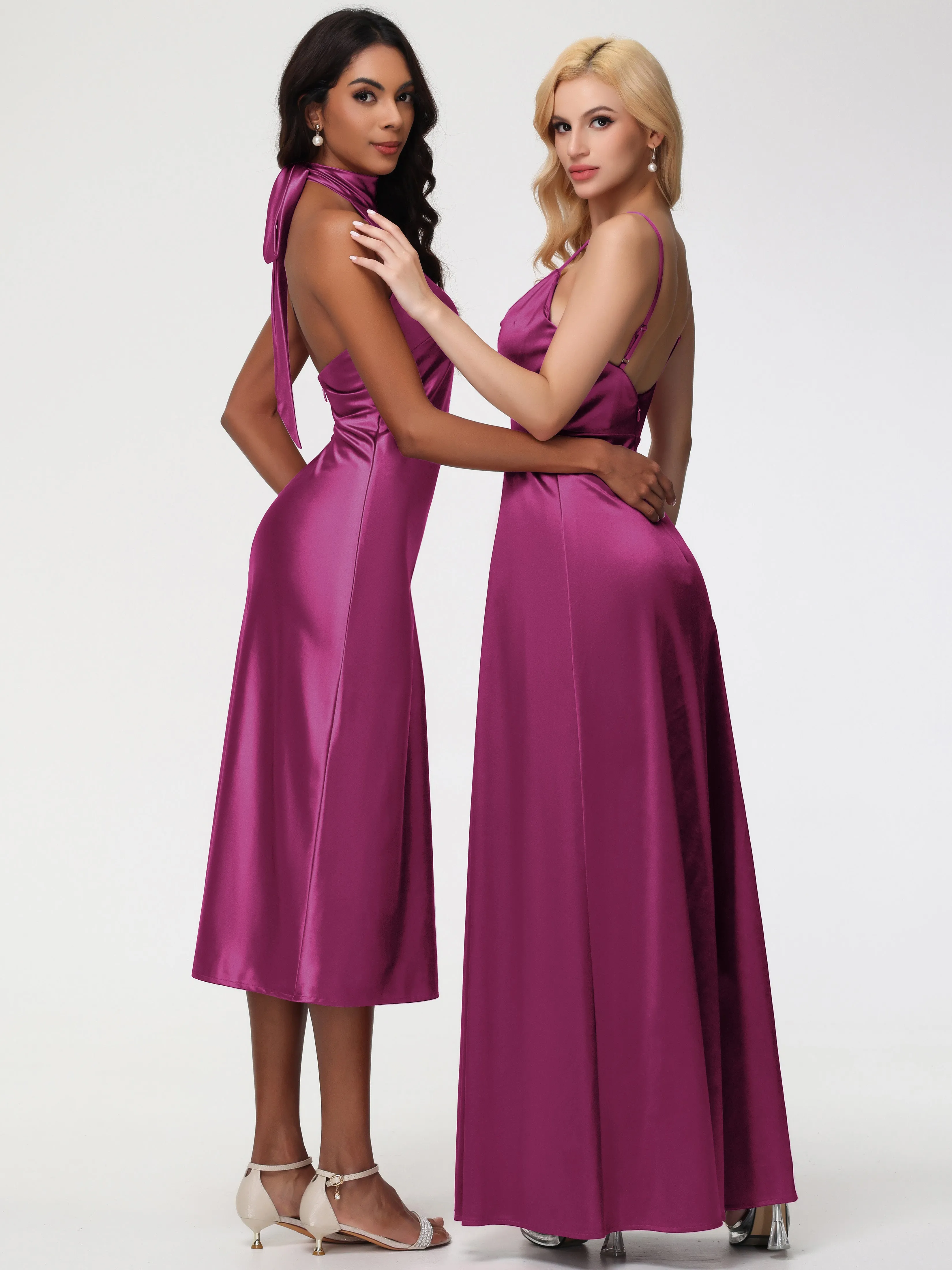 Bridesmaid Dresses Fuchsia Tea-Length High Neck Sleeveless Stretch Satin Bridesmaid Dresses