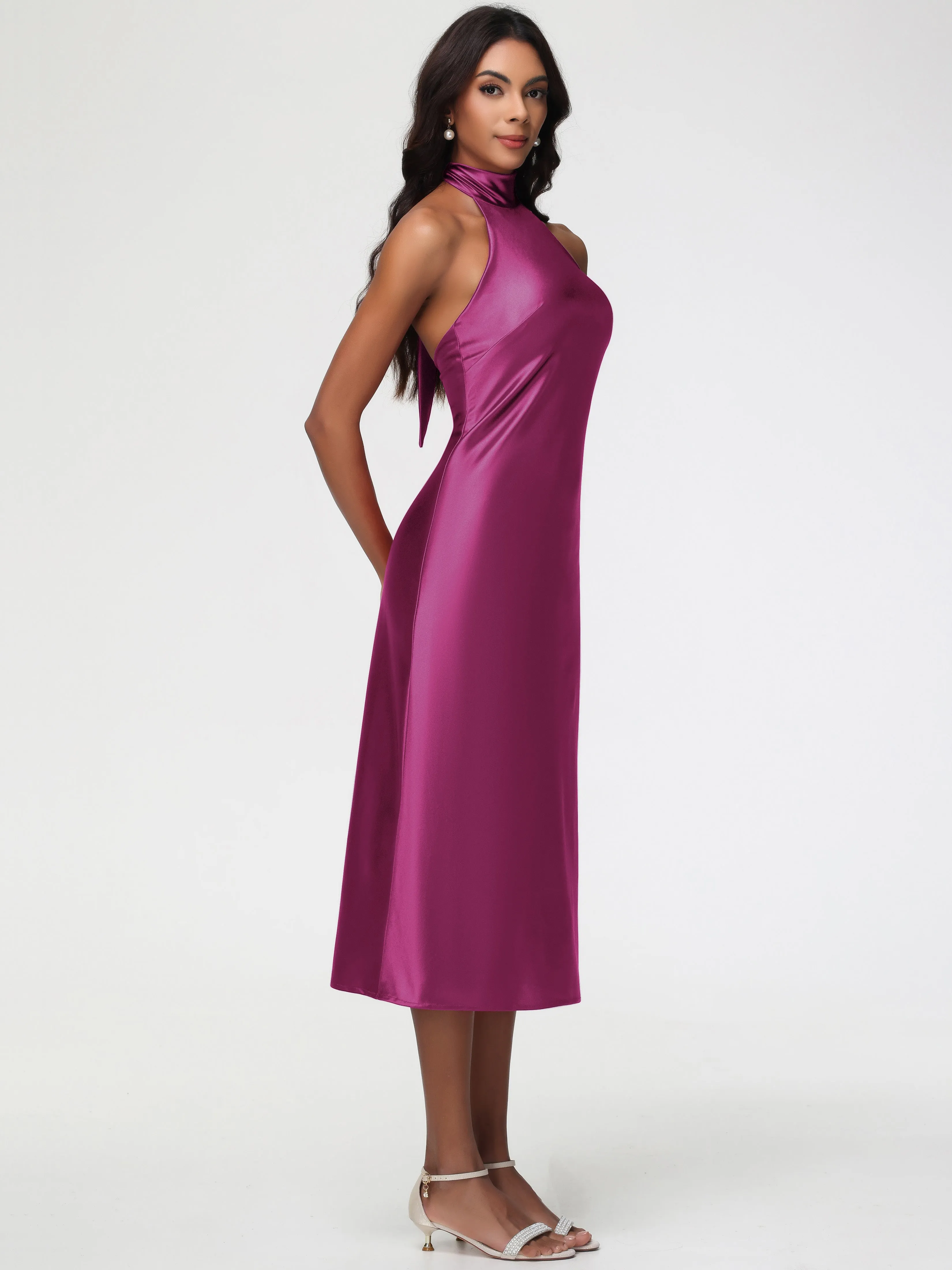 Bridesmaid Dresses Fuchsia Tea-Length High Neck Sleeveless Stretch Satin Bridesmaid Dresses