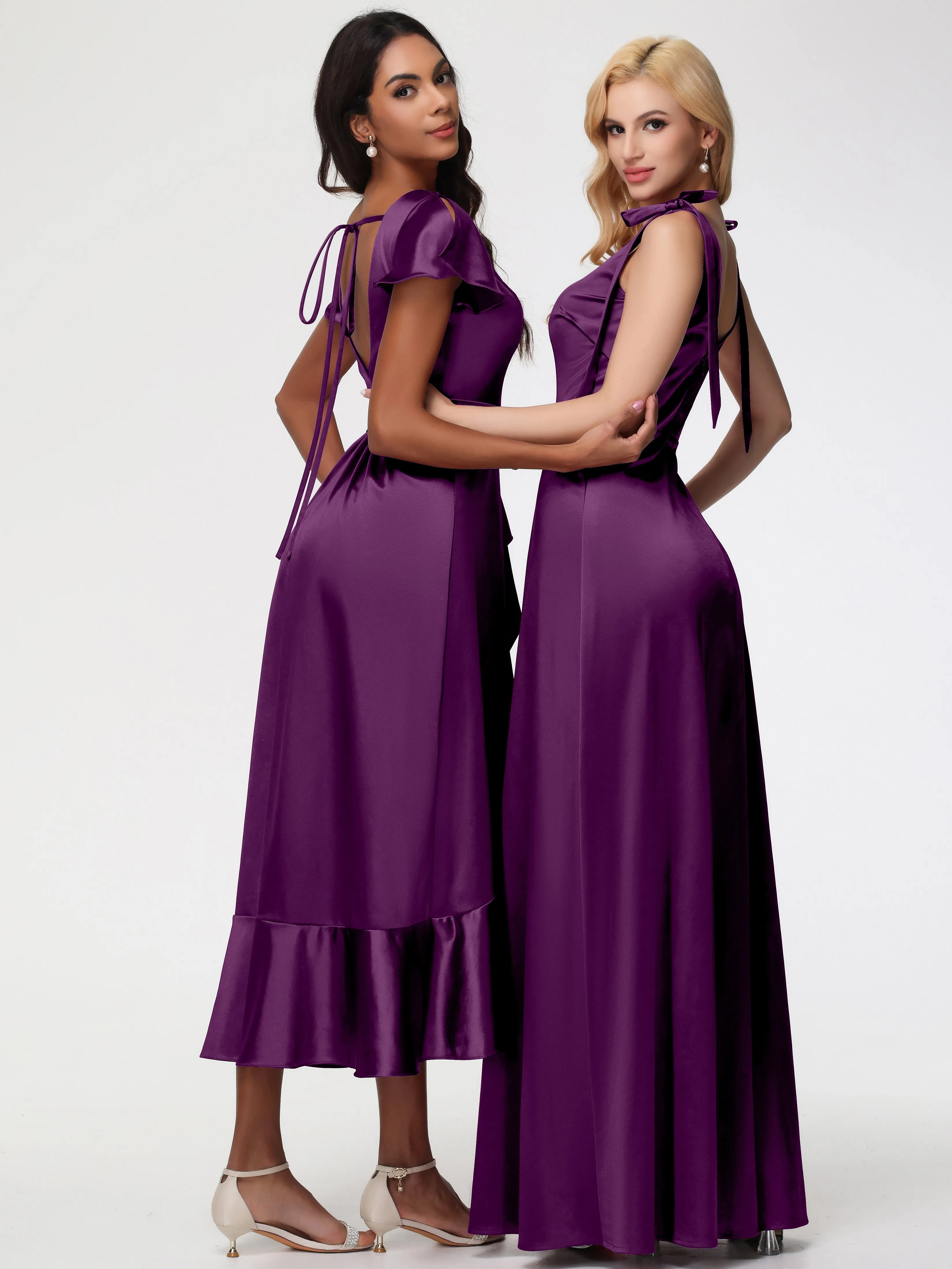 Bridesmaid Dresses Grape Tea-Length Short Sleeves Ruffles A-Line Stretch Satin Bridesmaid Dresses