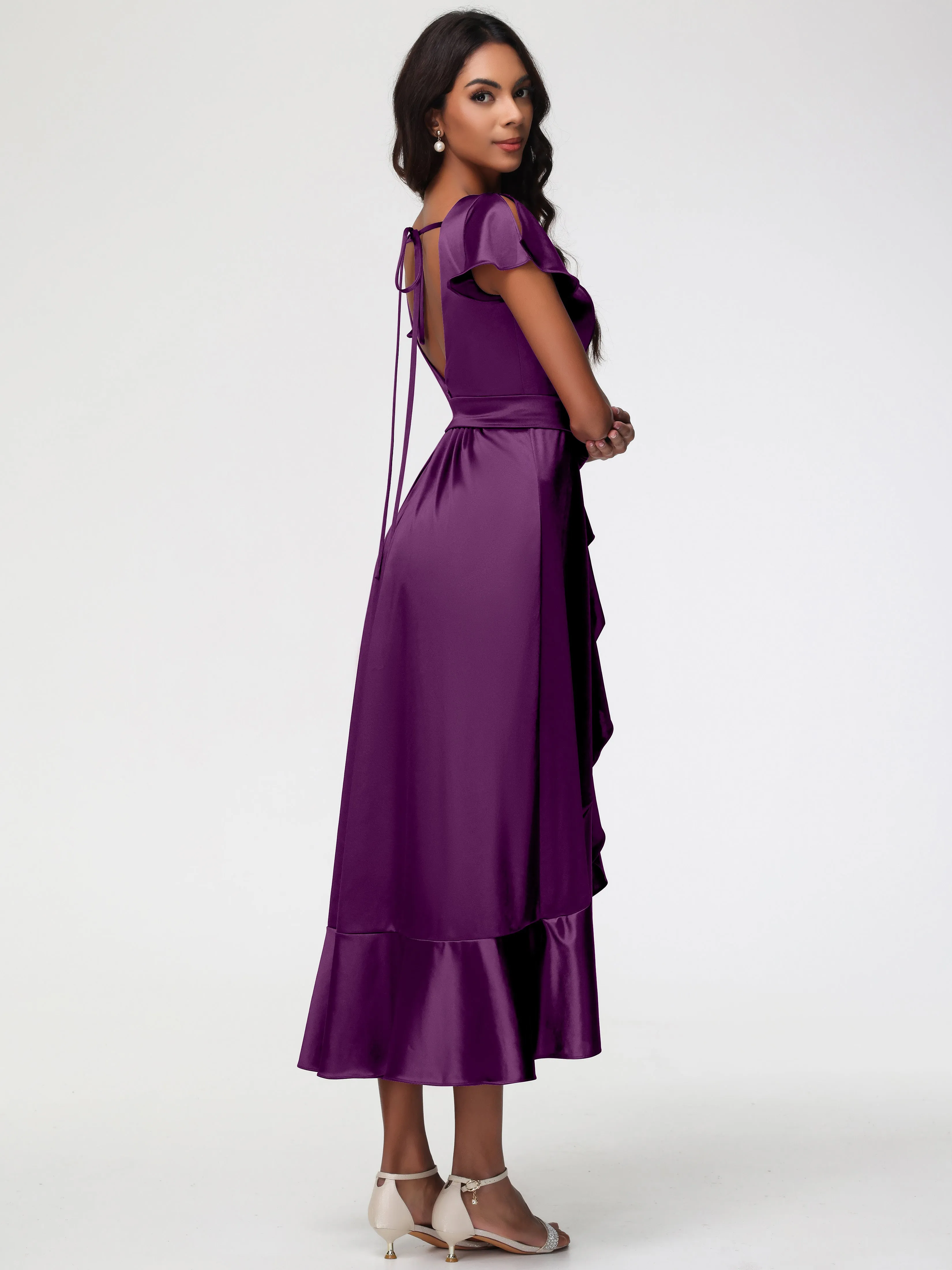 Bridesmaid Dresses Grape Tea-Length Short Sleeves Ruffles A-Line Stretch Satin Bridesmaid Dresses