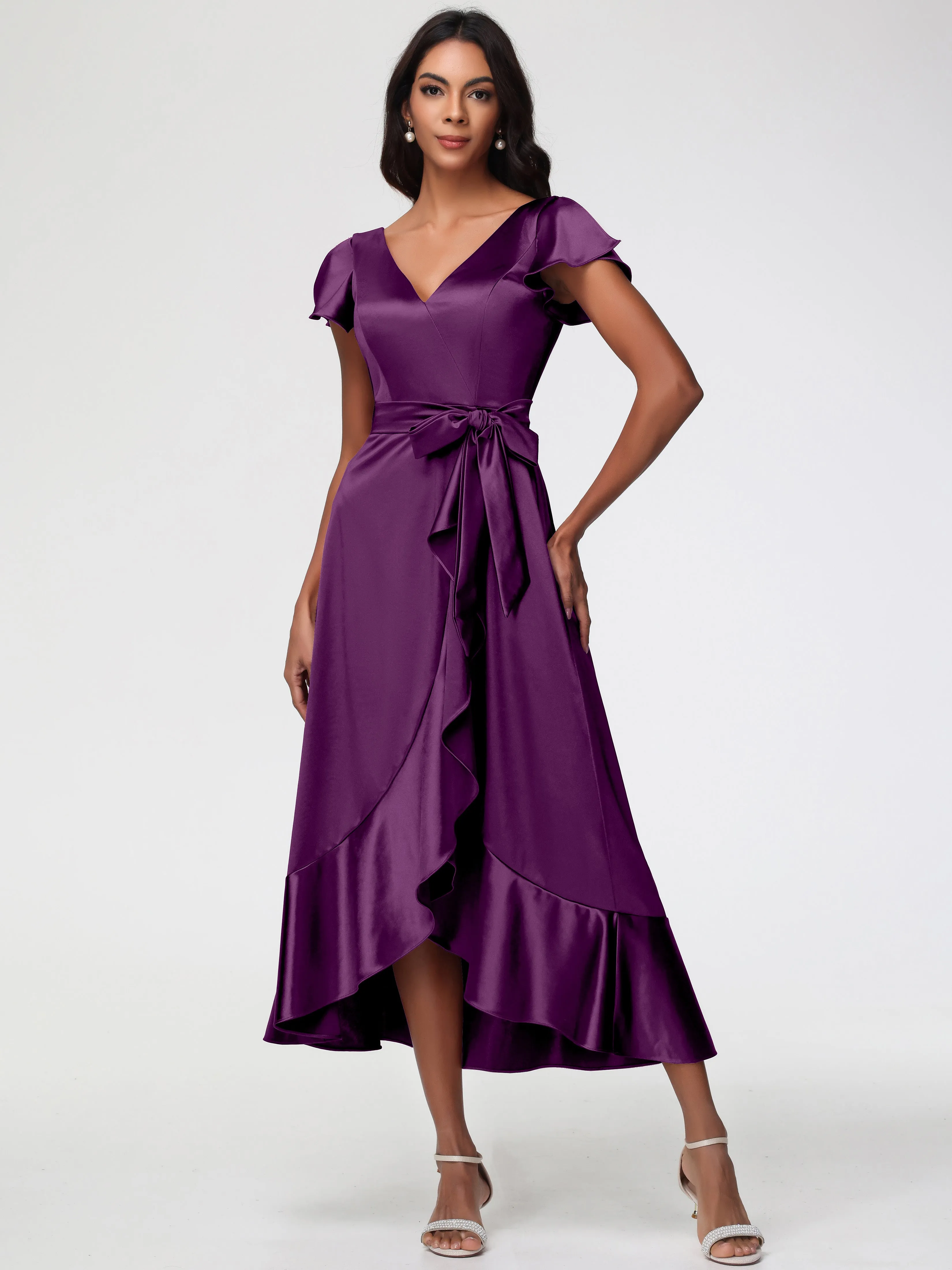 Bridesmaid Dresses Grape Tea-Length Short Sleeves Ruffles A-Line Stretch Satin Bridesmaid Dresses
