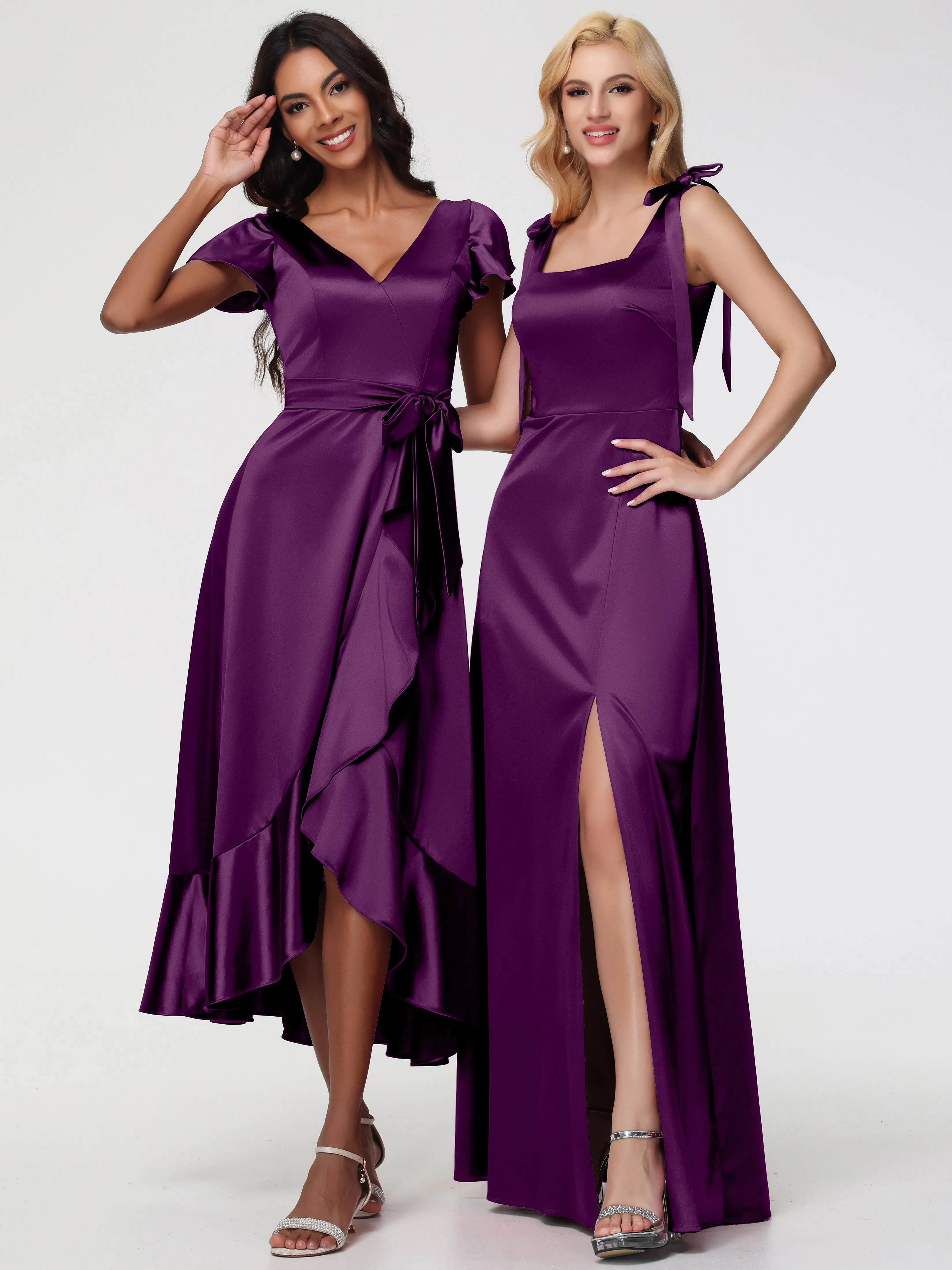 Bridesmaid Dresses Grape Tea-Length Short Sleeves Ruffles A-Line Stretch Satin Bridesmaid Dresses