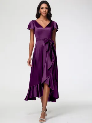 Bridesmaid Dresses Grape Tea-Length Short Sleeves Ruffles A-Line Stretch Satin Bridesmaid Dresses