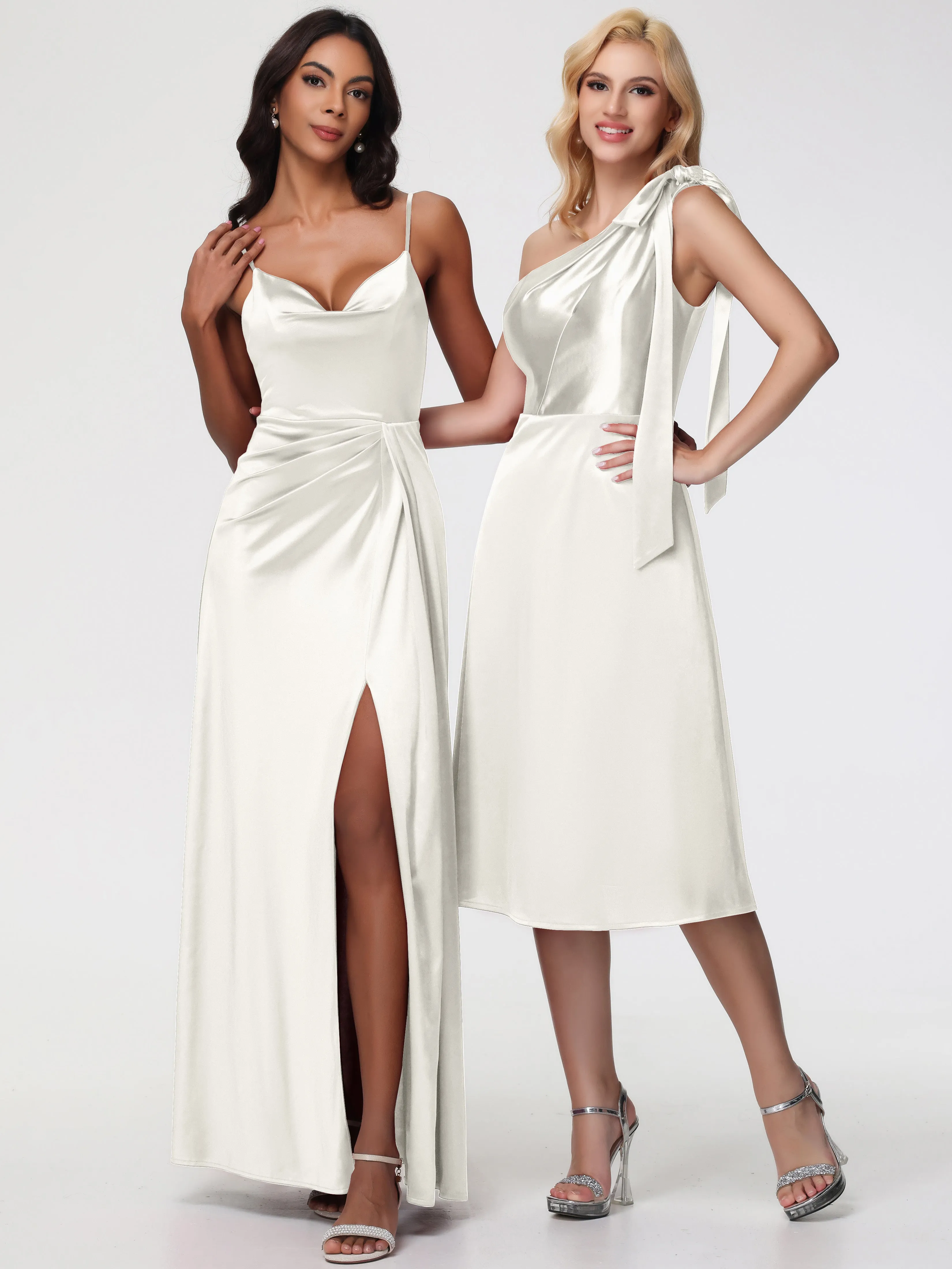 Bridesmaid Ivory Dresses One Shoulder Tea-Length Sleeveless A-Line Stretch Satin Bridesmaid Dresses