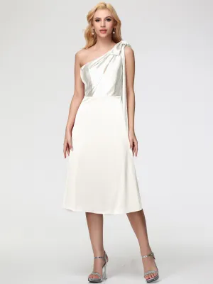 Bridesmaid Ivory Dresses One Shoulder Tea-Length Sleeveless A-Line Stretch Satin Bridesmaid Dresses