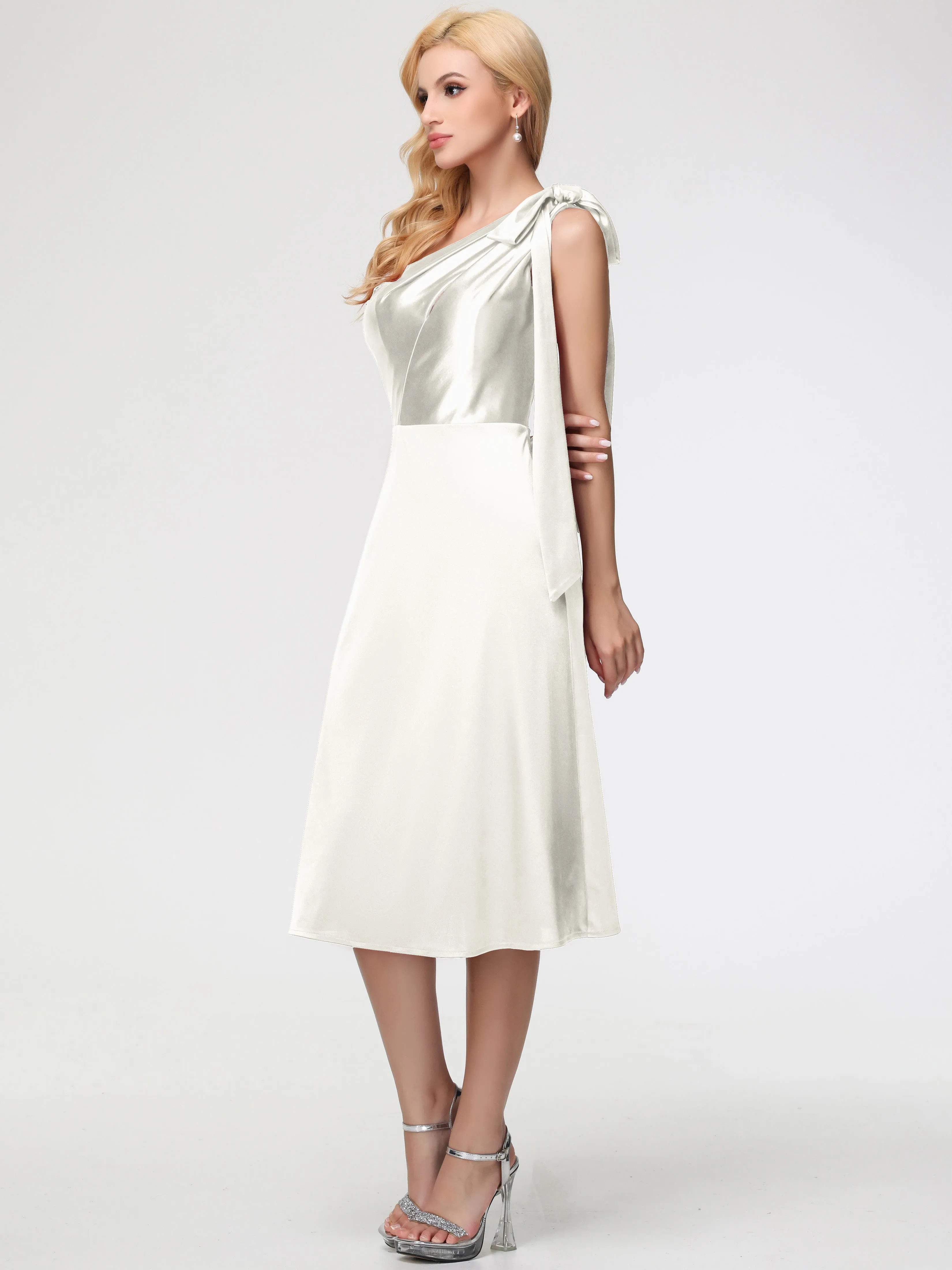 Bridesmaid Ivory Dresses One Shoulder Tea-Length Sleeveless A-Line Stretch Satin Bridesmaid Dresses