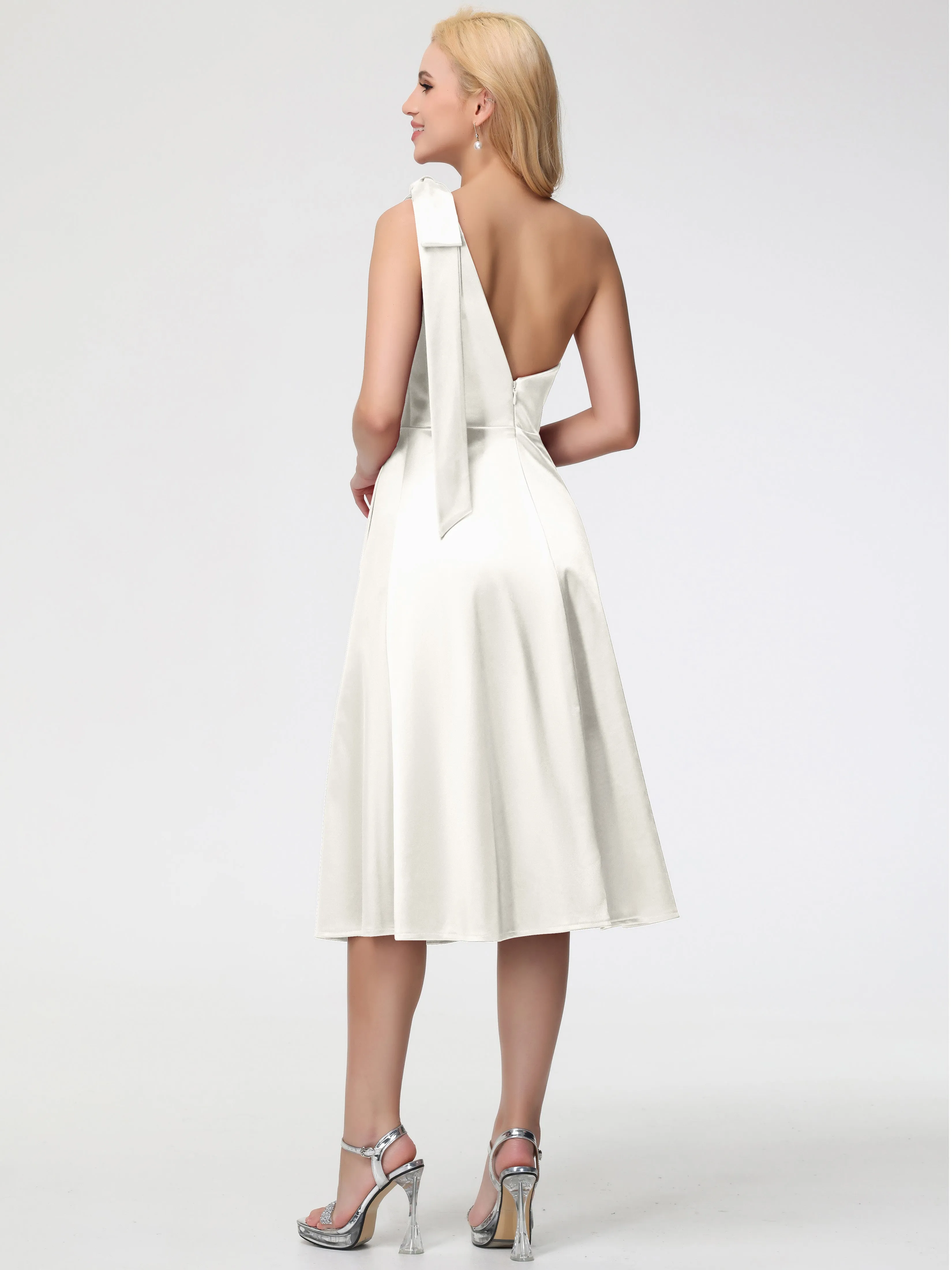 Bridesmaid Ivory Dresses One Shoulder Tea-Length Sleeveless A-Line Stretch Satin Bridesmaid Dresses