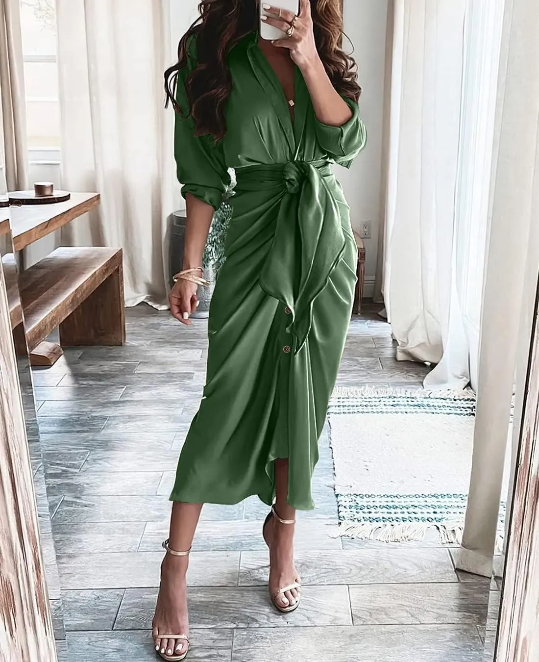 BTFBM Women Long Sleeve Satin Dress 2025 Summer Spring Lapel V Neck Button Down Elegant Belted Ruched Maxi Shirt Dresses