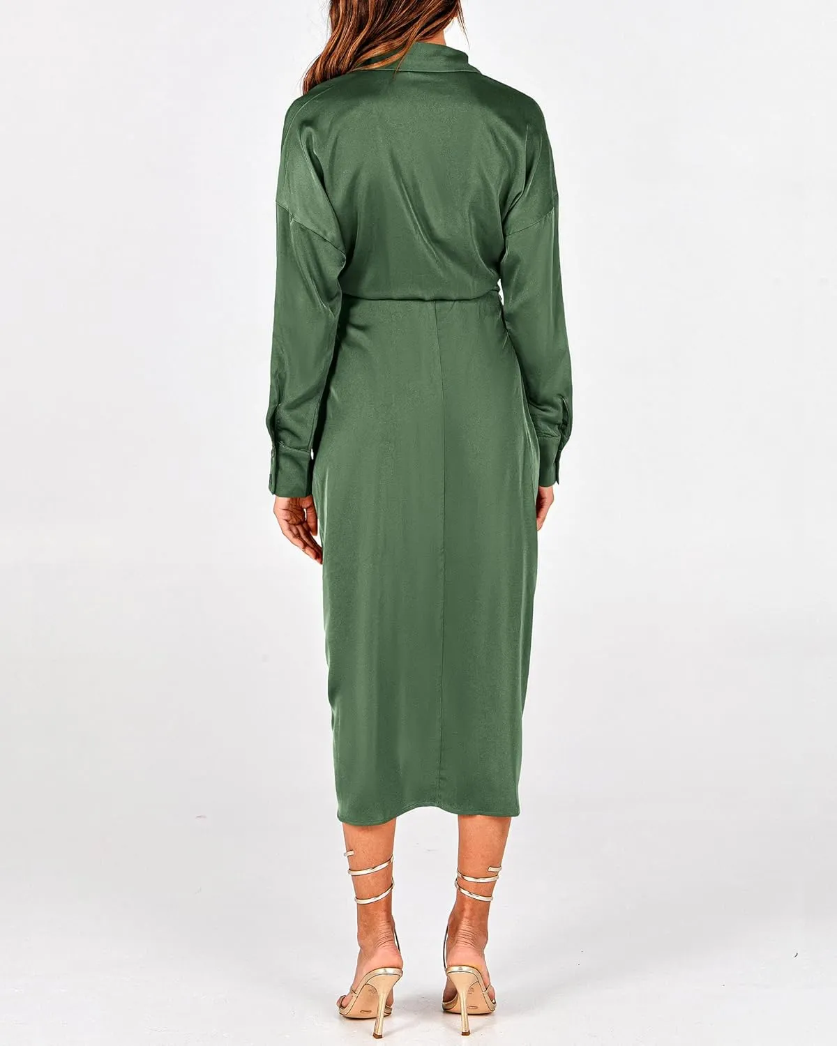 BTFBM Women Long Sleeve Satin Dress 2025 Summer Spring Lapel V Neck Button Down Elegant Belted Ruched Maxi Shirt Dresses