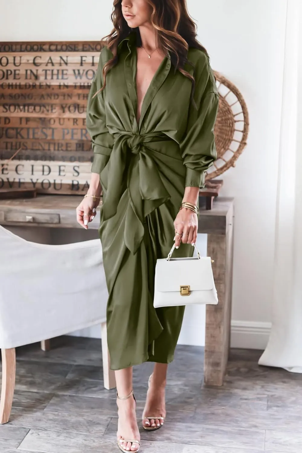 BTFBM Women Long Sleeve Satin Dress 2025 Summer Spring Lapel V Neck Button Down Elegant Belted Ruched Maxi Shirt Dresses