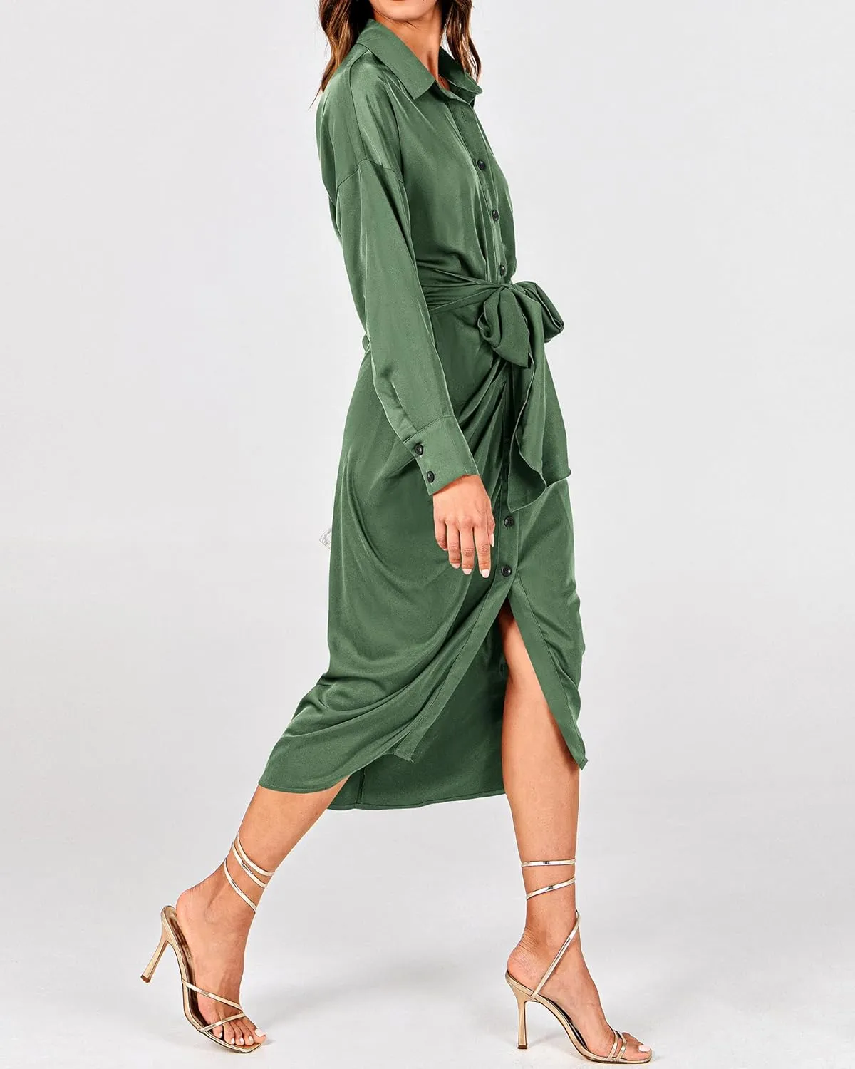 BTFBM Women Long Sleeve Satin Dress 2025 Summer Spring Lapel V Neck Button Down Elegant Belted Ruched Maxi Shirt Dresses