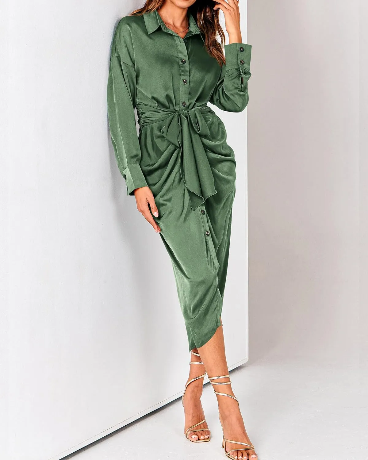 BTFBM Women Long Sleeve Satin Dress 2025 Summer Spring Lapel V Neck Button Down Elegant Belted Ruched Maxi Shirt Dresses