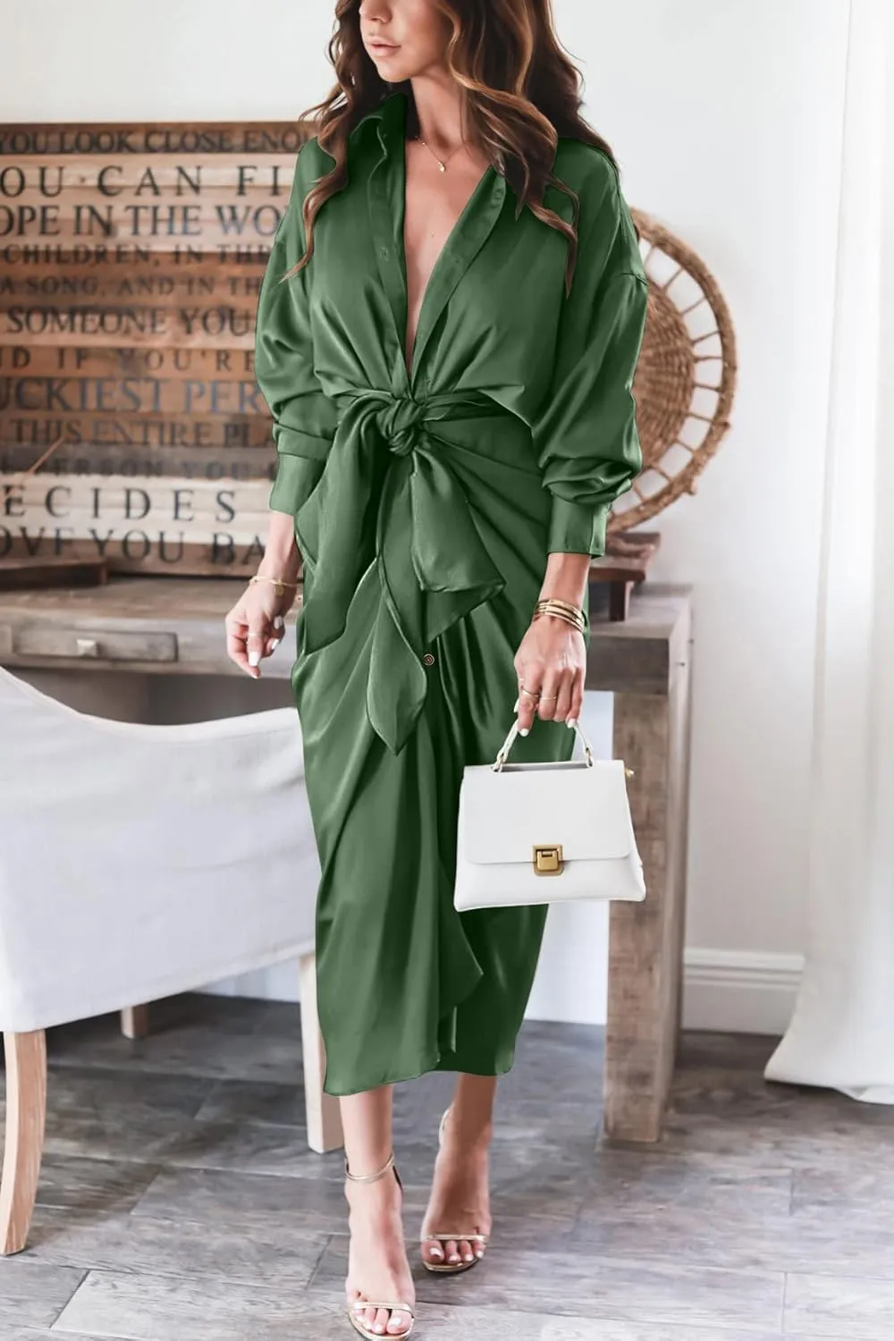 BTFBM Women Long Sleeve Satin Dress 2025 Summer Spring Lapel V Neck Button Down Elegant Belted Ruched Maxi Shirt Dresses