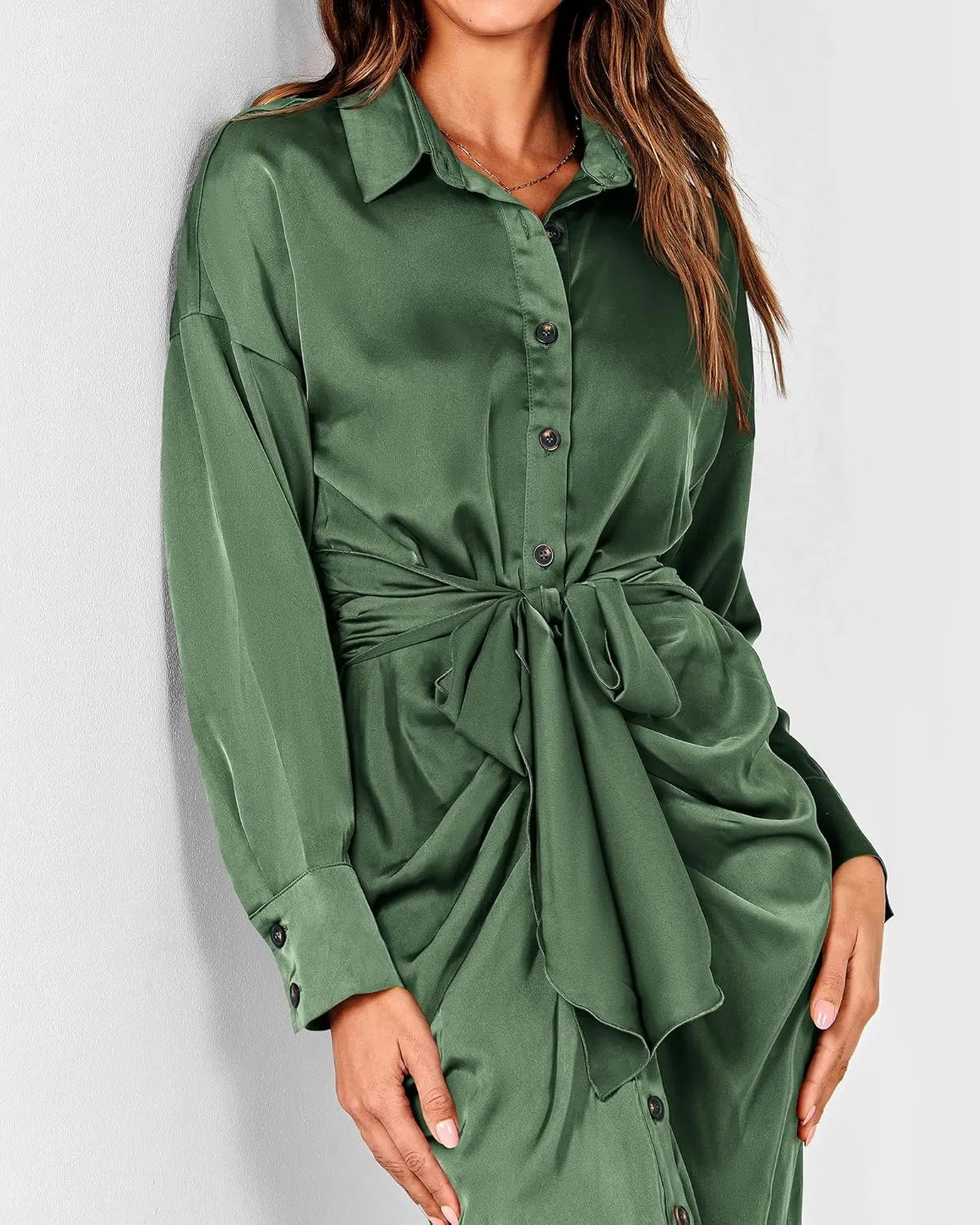 BTFBM Women Long Sleeve Satin Dress 2025 Summer Spring Lapel V Neck Button Down Elegant Belted Ruched Maxi Shirt Dresses