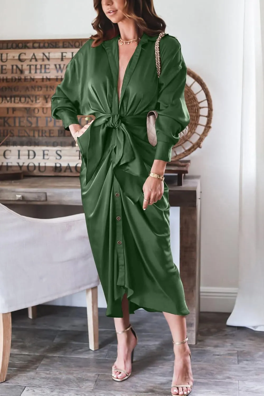 BTFBM Women Long Sleeve Satin Dress 2025 Summer Spring Lapel V Neck Button Down Elegant Belted Ruched Maxi Shirt Dresses