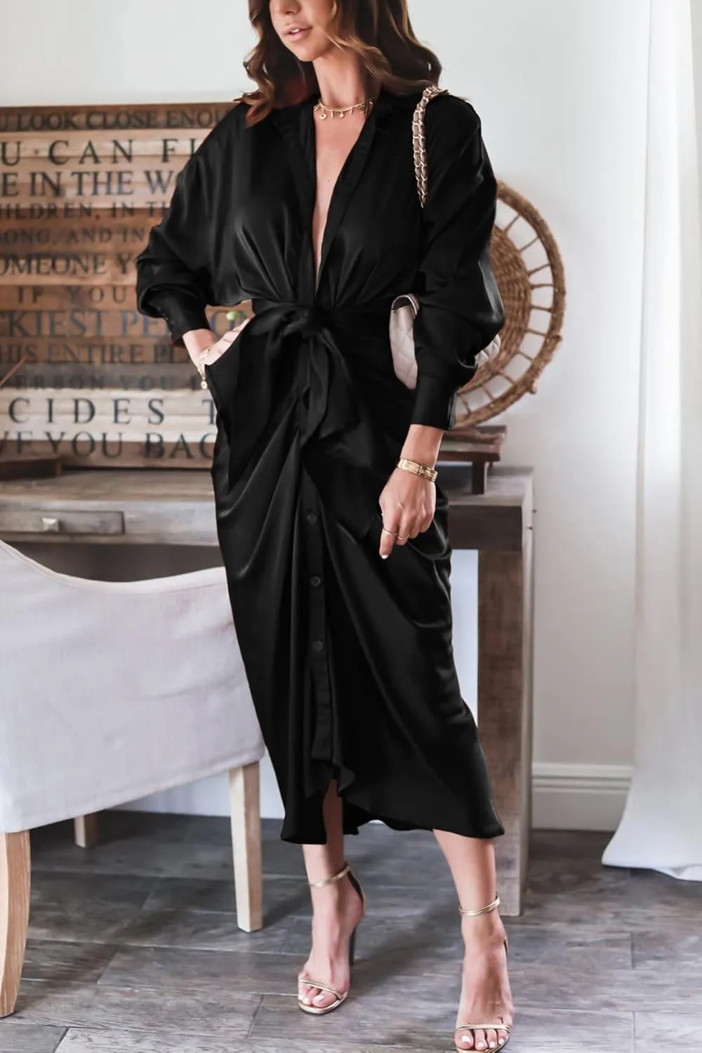 BTFBM Women Long Sleeve Satin Dress 2025 Summer Spring Lapel V Neck Button Down Elegant Belted Ruched Maxi Shirt Dresses
