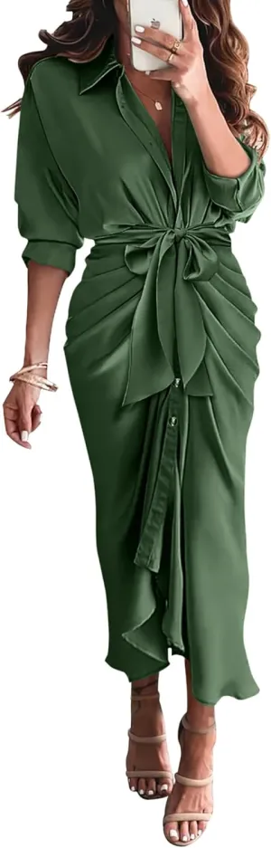 BTFBM Women Long Sleeve Satin Dress 2025 Summer Spring Lapel V Neck Button Down Elegant Belted Ruched Maxi Shirt Dresses