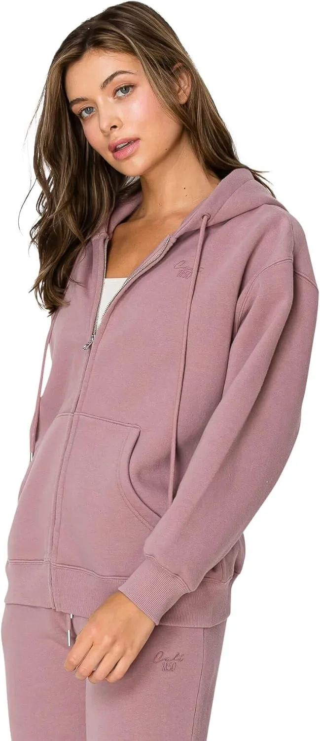 Cali1850 Women's Cloud Nine Fleece Zip Hoodie  Full Zip, Relaxed Boyfriend Fit, Double-Layer Hood, Ribbed Cuffs and Hem