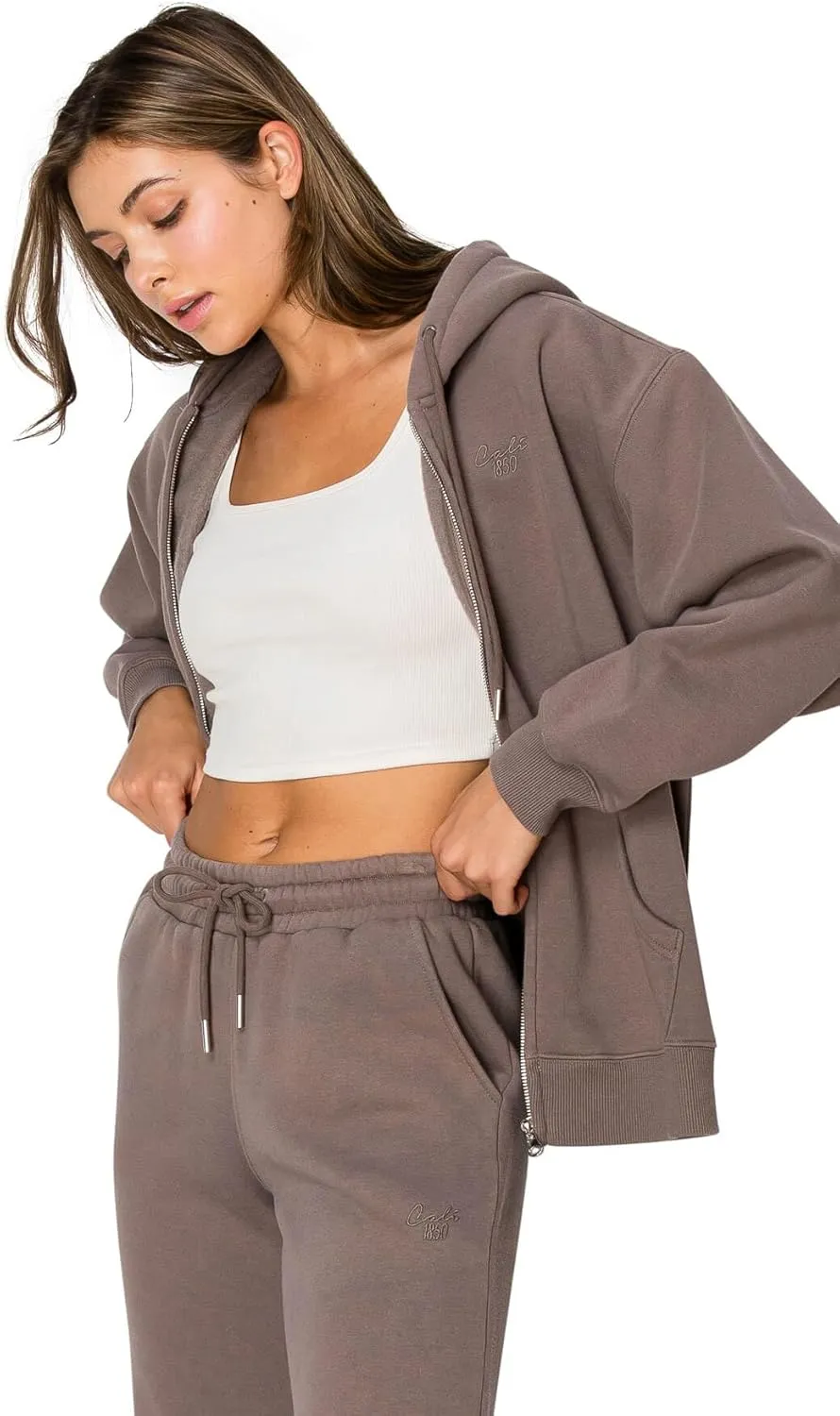 Cali1850 Women's Cloud Nine Fleece Zip Hoodie  Full Zip, Relaxed Boyfriend Fit, Double-Layer Hood, Ribbed Cuffs and Hem