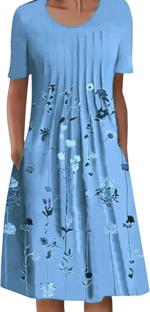 Casual Dresses for Women Floral Print Crewneck Short Sleeve Vintage Dresses with Pockets Loose Fit Trendy Summer Dress